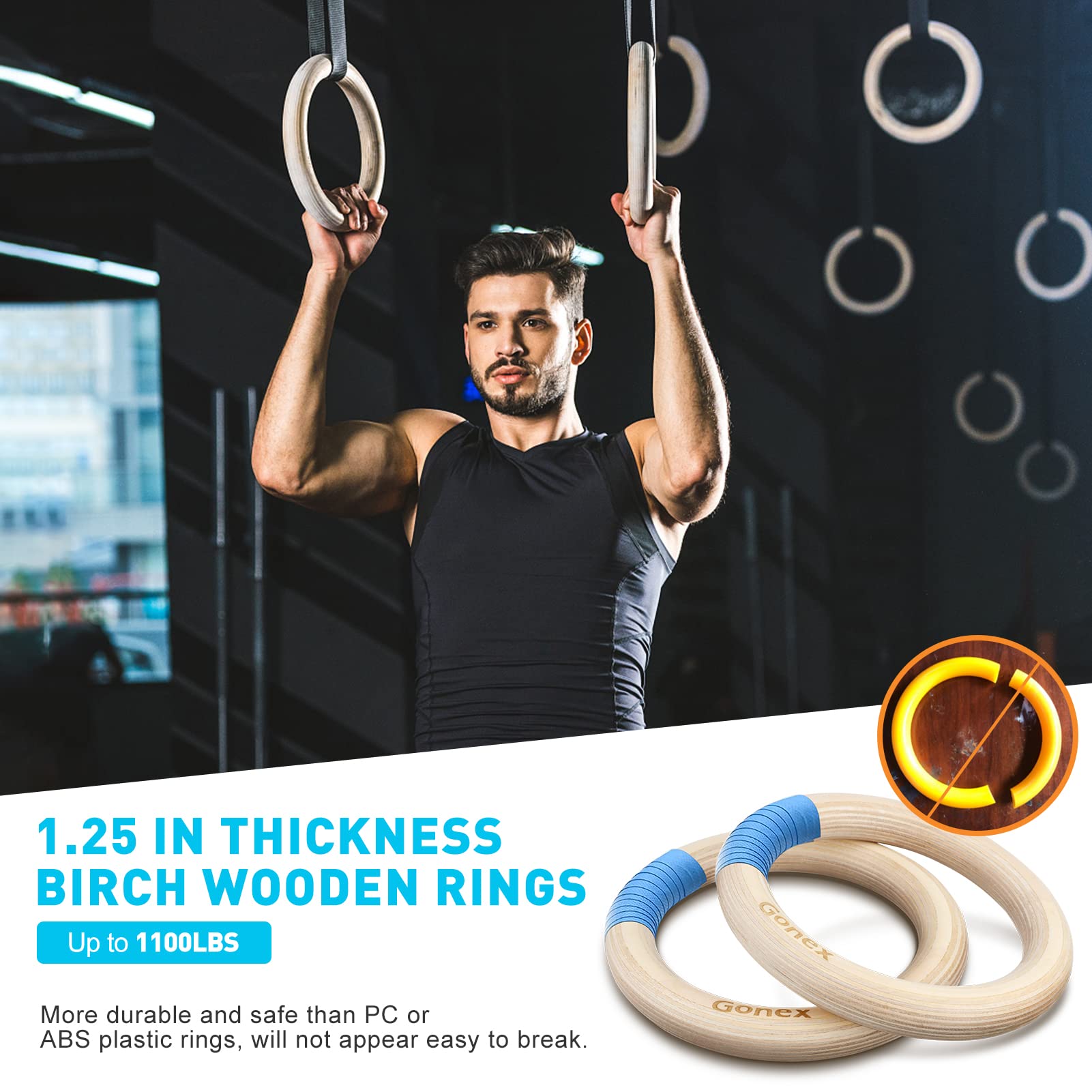 Gonex Gymnastic Rings With Adjustable Number Straps, Crossfit Rings For Gym, Workout, Exercise, Outdoor Training, Quick Install