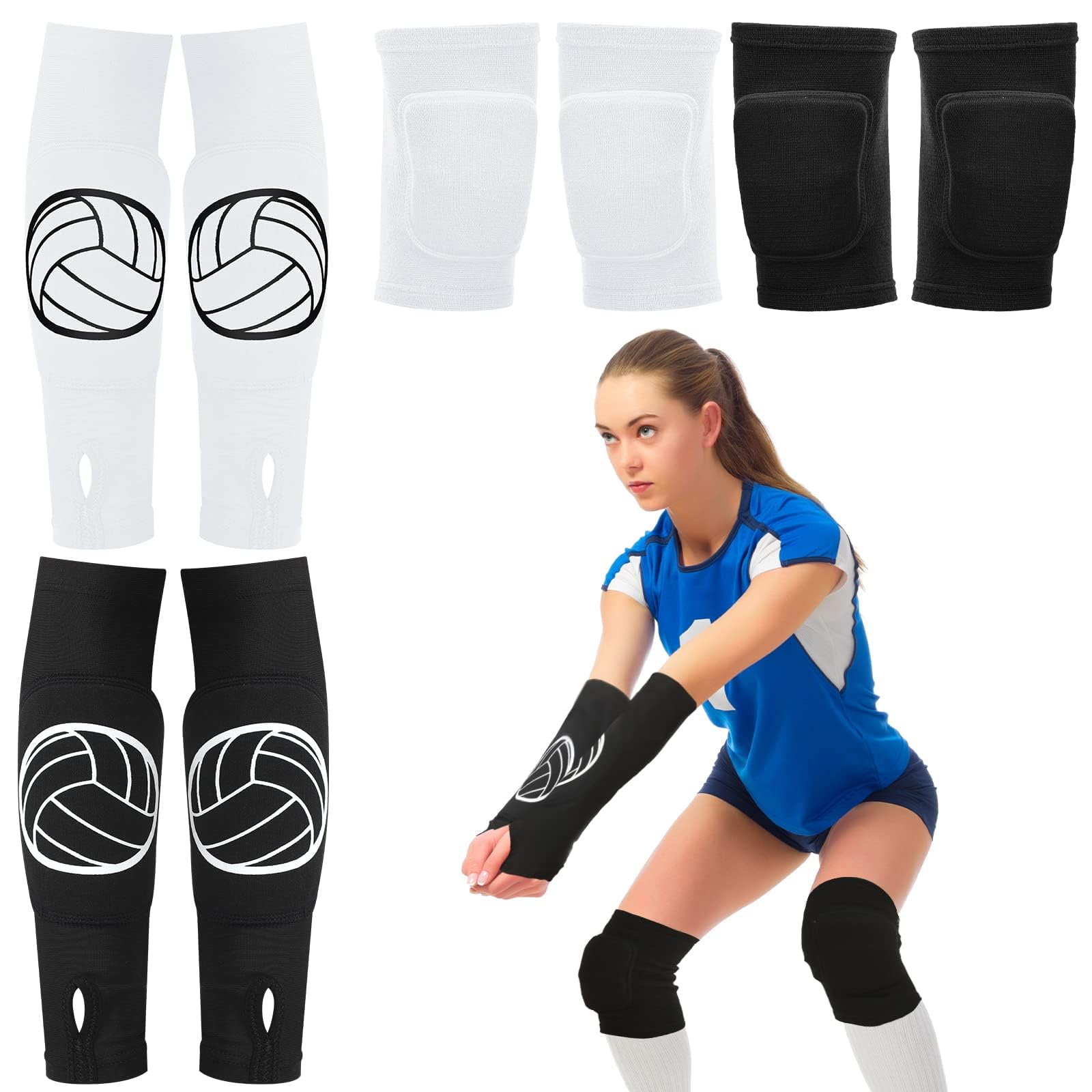 Sosation 2 Set Volleyball Knee Pads and Volleyball Arm Sleeves with Protection Pad Compression Forearm Wrist Guard with Thumb Ho