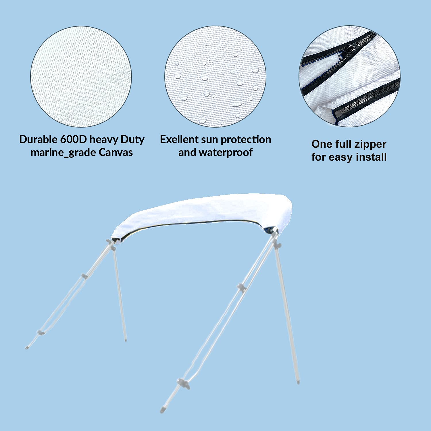 Savvycraft 4 Bow Bimini Replacement Top Canvas Cover 4 Bow 96'' L 61''-66'' W White Color