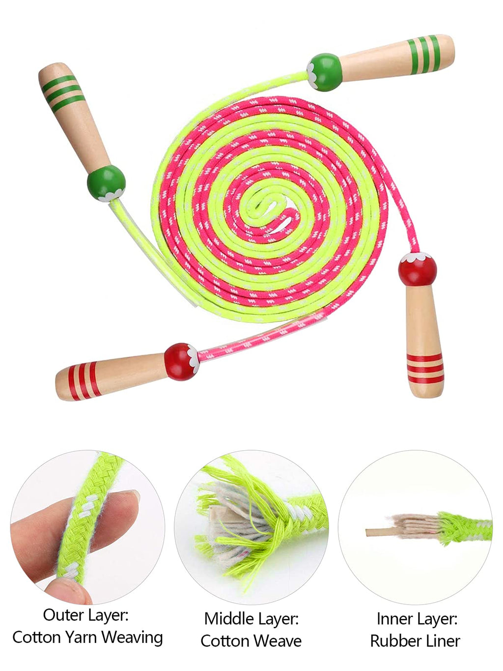 Lorvain Jump Rope For Kids, 2 Pcs Girls & Boys Skipping Ropes Wooden Handle Adjustable Cotton Braided Jumping Ropes, For Childre
