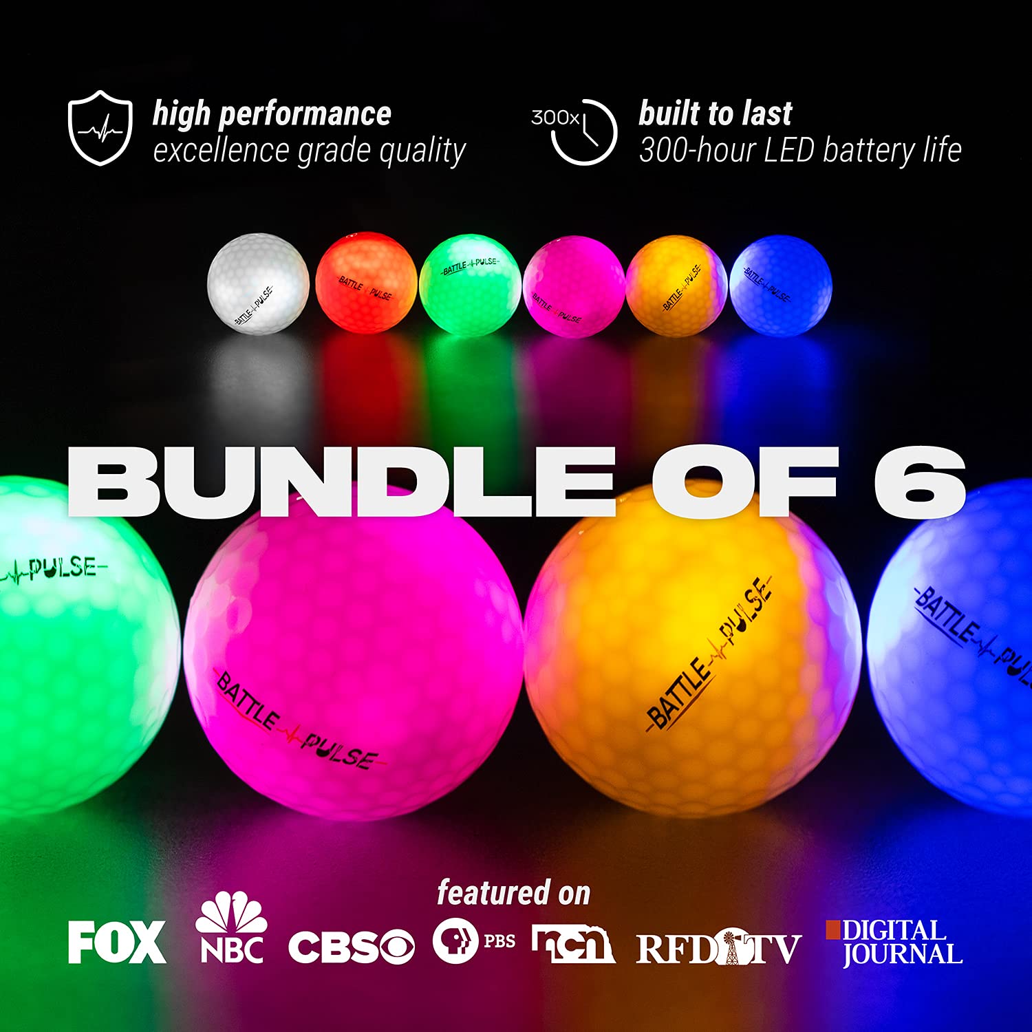 Battlepulse 300-Hr Lighting Time Glow In The Dark Golf Balls With Mesh Bag  Water Resistant Glow Golf Balls  6 Pc Light Up Golf
