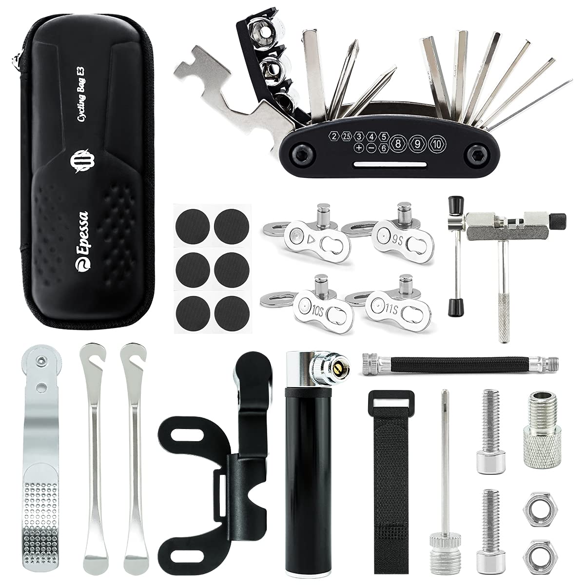 Epessa Bike Tools Bag With Bike Repair Tool Kits Includs Emergency Chain Repair Tool Set Multi Screw Tool Set, Glue-Less Tire Pa