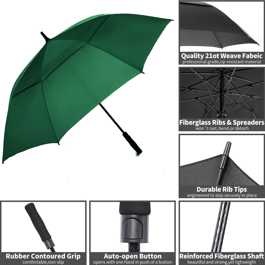 Mrtlloa 68 Inch Automatic Open Green Golf Umbrella, Extra Large Oversize Double Canopy Vented Windproof Waterproof Stick Umbrell