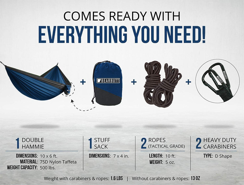 Bear Butt Camping Hammock - 2 Person Double Hammock - Portable Backpacking & Camping Gear - Perfect For Hiking & Outdoor Travel