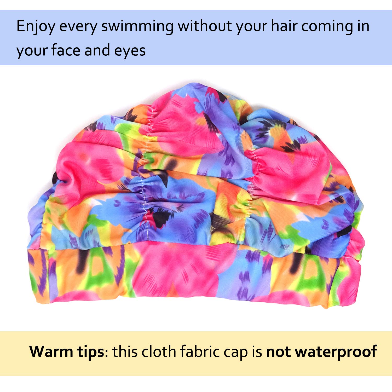 Honbay Pleated Swimming Cap Long Hair Swim Cap Bathing Cap, Non-Waterproof (Pink Blue)