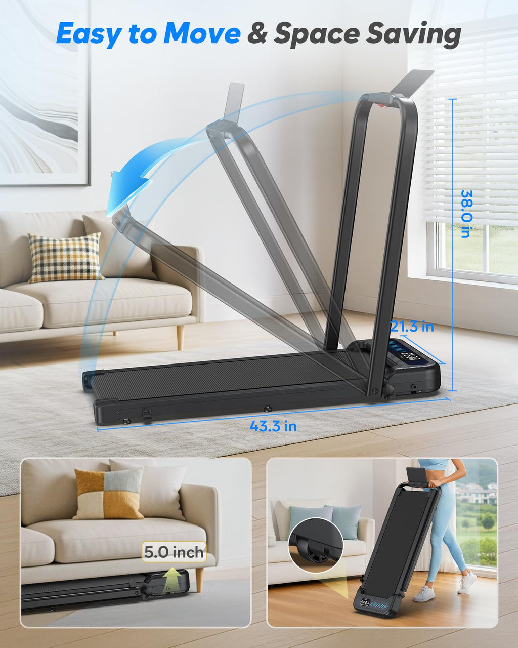 Cardirun Foldable Treadmill with Incline, Compact Walking Pad Treadmill with Safety Handle Bar, 3.0HP Quiet Under Desk Treadmill