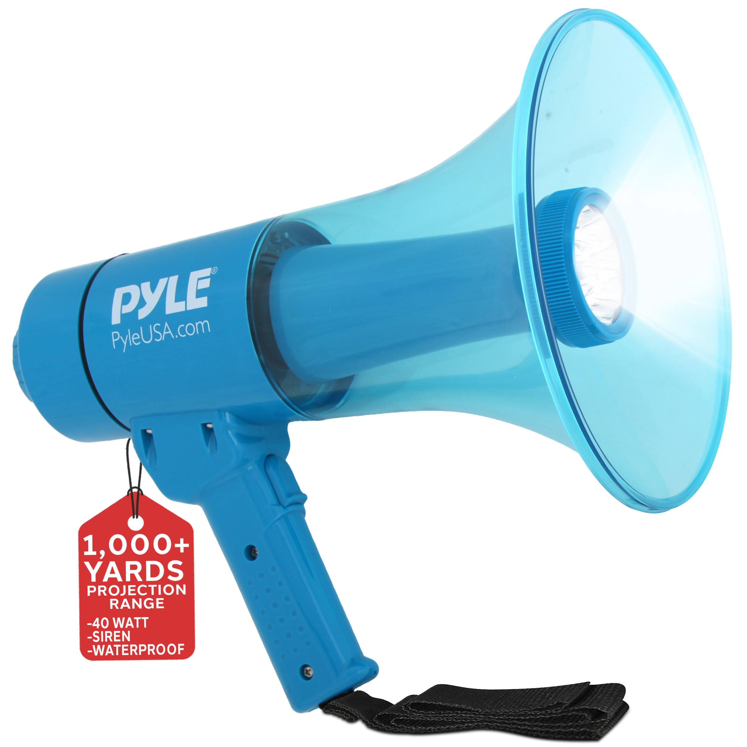 Pyle Compact And Portable Mega Phone Speaker - 40W Waterproof Bullhorn With Alarm Siren, Adjustable Volume, Led Flashlight, And