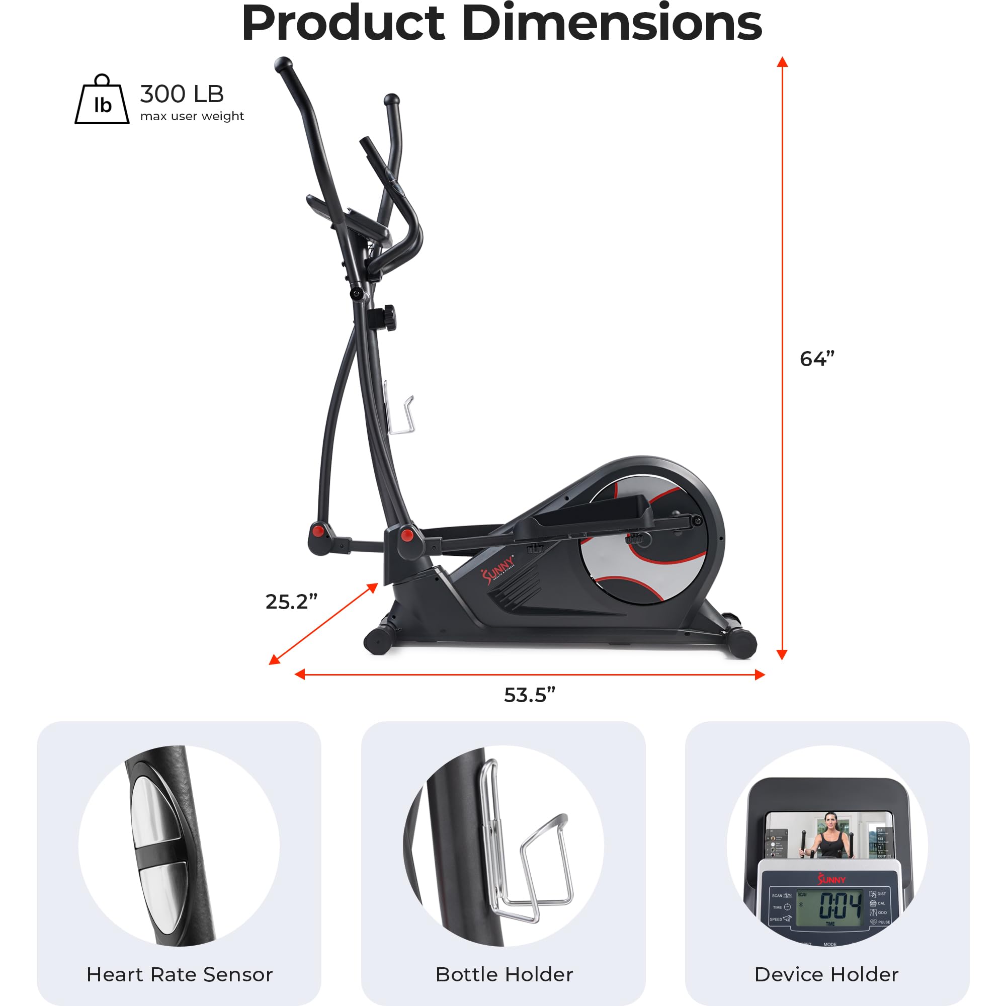 Sunny Health & Fitness Heavy-Duty Smart Elliptical Trainer, 300Lb Load Equipment For Indoor Cardio Exercise, Adjustable Resistan
