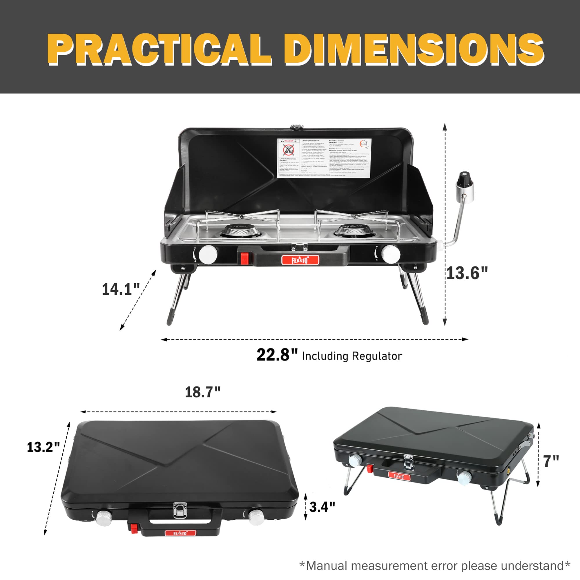Feasto Camping Propane Stove, Portable Camping Grill Stove, Push-Button Ignition, Adjustable Windproof Burners, Wind Guards, Fol