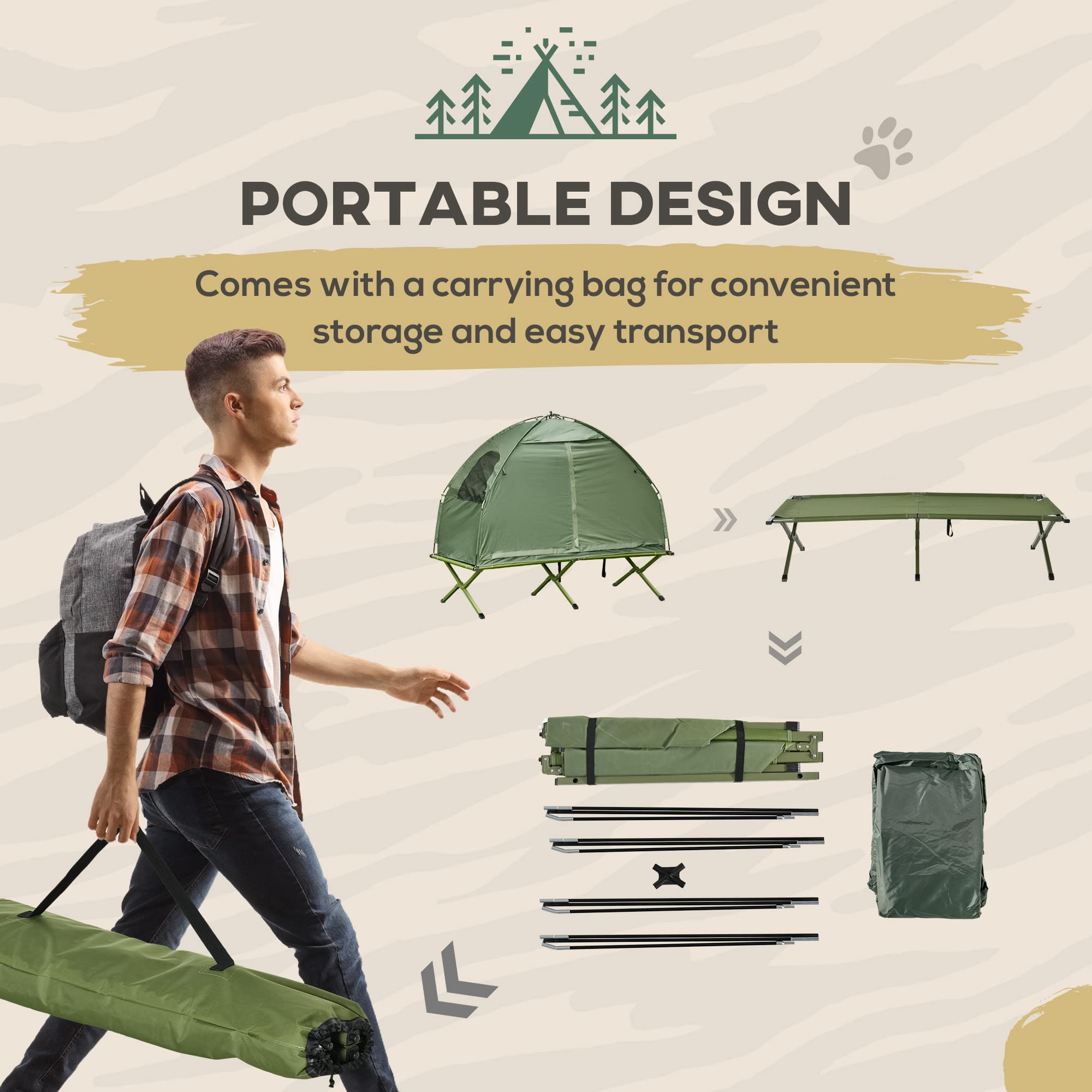 Outsunny Camping Tent Cot, Single Person Folding Cot Combo, Off-Ground Tent, Covered Outdoor Bed With Carry Bag For Hiking, Camp