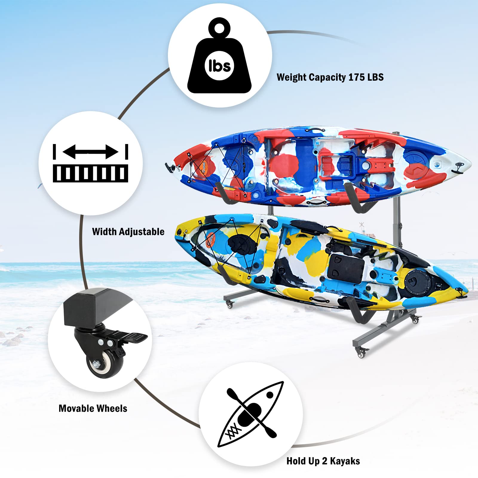 Bonnlo Kayak Stand Freestanding, Storage Rack for Two-Kayak, Canoe, Boat, Paddle Board, SUP, Surfboard for Indoor Outdoor Garage