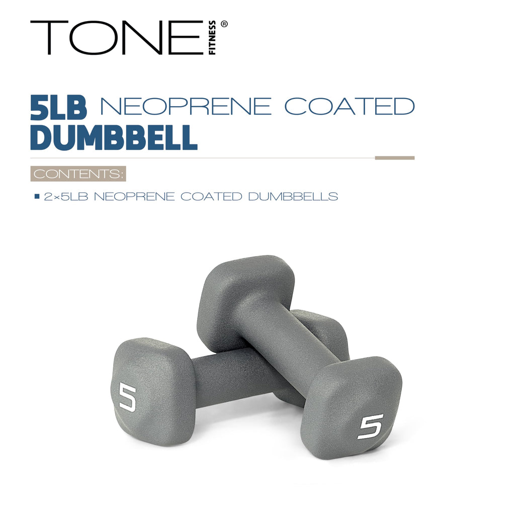 Tone Fitness 5 lb Neoprene Dumbbell Pair for Home Workouts - Non-Slip Design - Gray