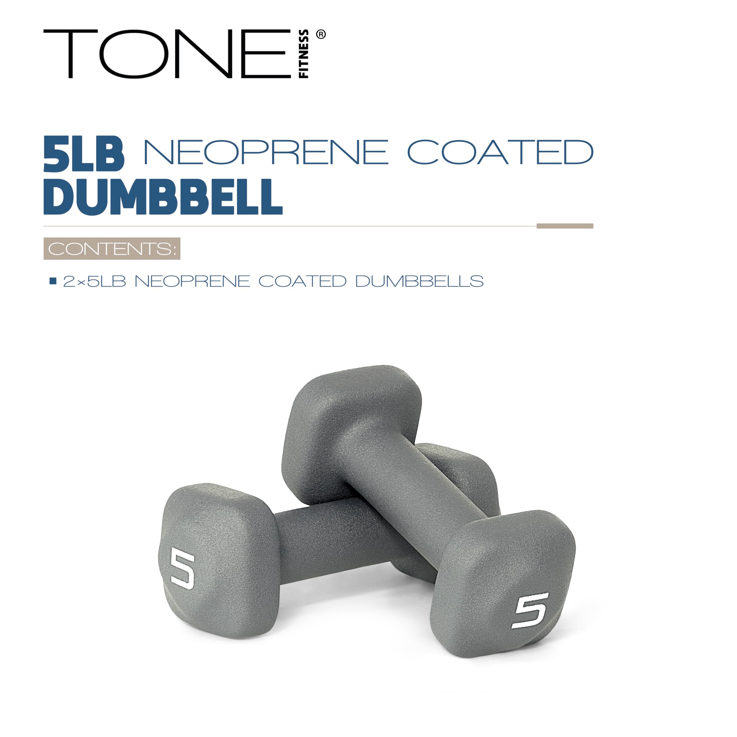 Tone Fitness 5 lb Neoprene Dumbbell Pair for Home Workouts - Non-Slip Design - Gray
