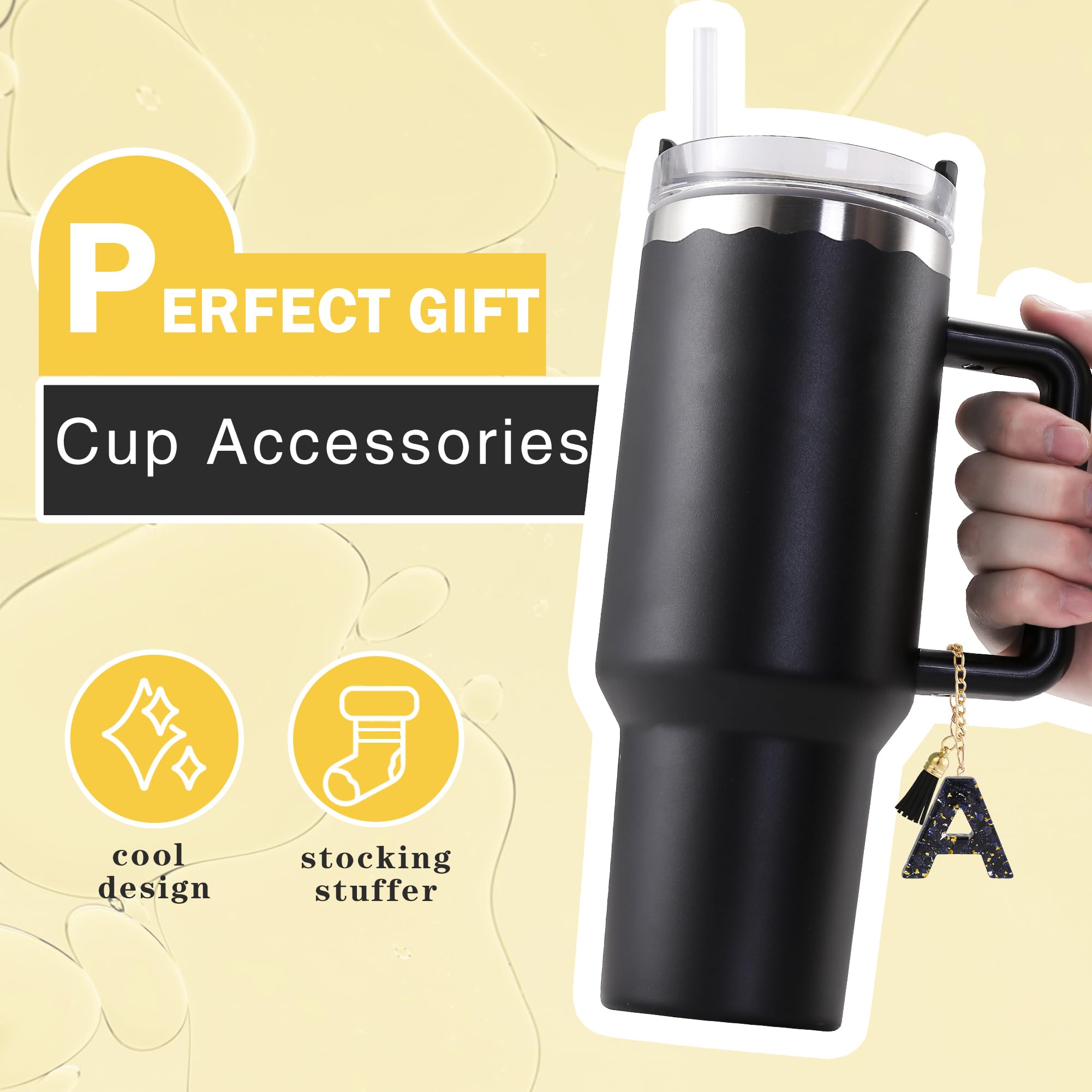 Letter Charm Accessories for Stanley Cup 1 PCS Cute Initial Keychain Handle Charm for Stanley Tumbler for Women Black Letter A