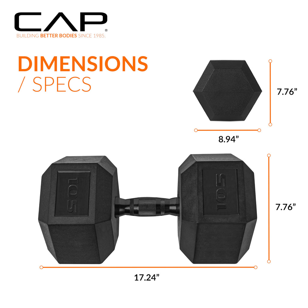 CAP Barbell 105 LB Rubber Coated Hex Dumbbell Hand Weight - Pair | Black Handle