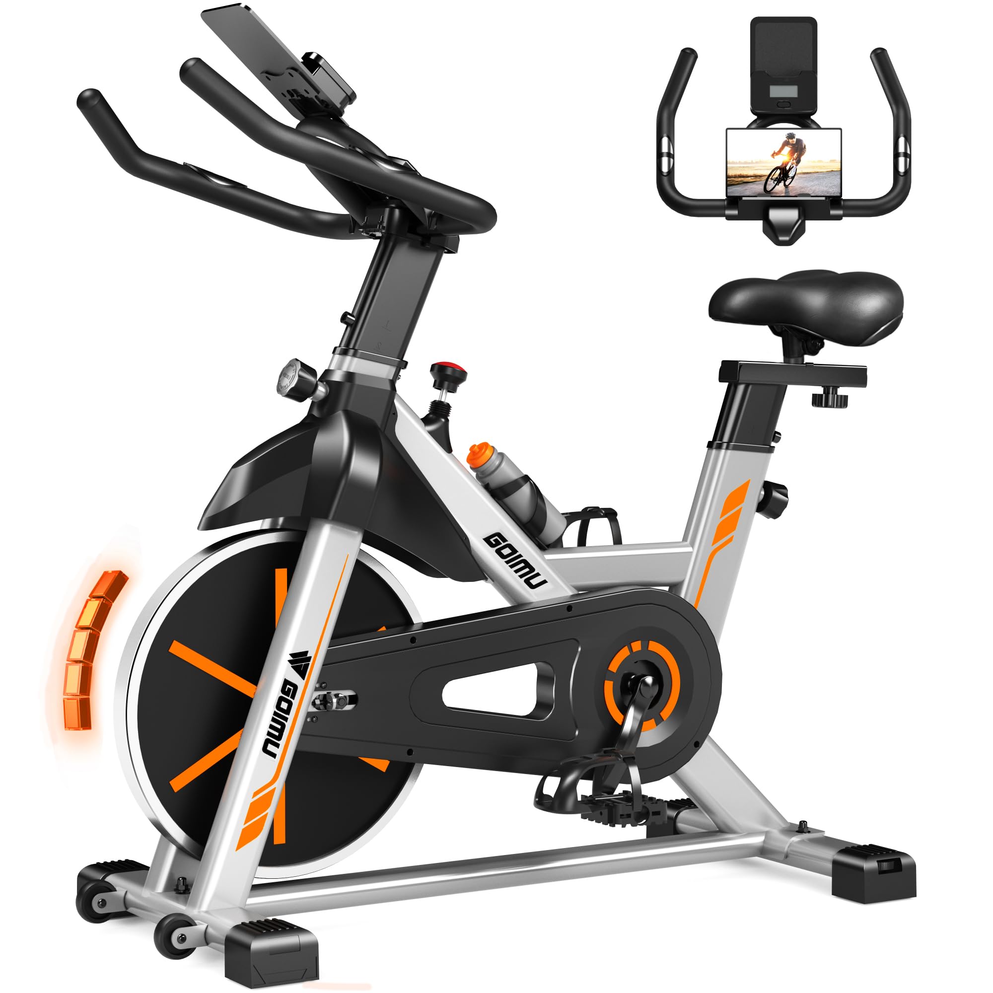 GOIMU Stationary Exercise Bike, Indoor Cycling Bike, 7-Way Adjustable Seat for Cycling Cardio workout at Home, Heavy-Duty Steel 
