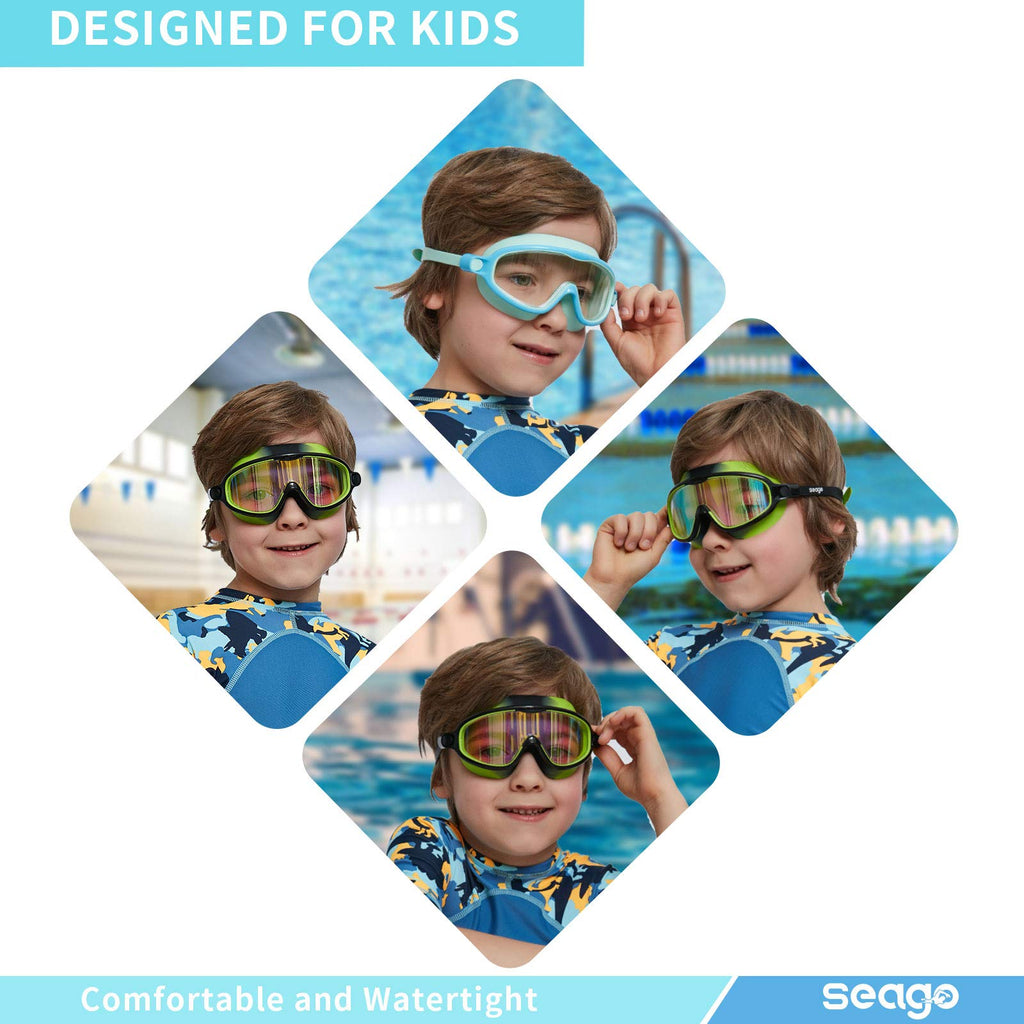 Seago Swim Goggles 2 Pack Anti-Fog Anti-Uv Wide View Uv Protection, Adjustable Swimming Goggles For Kids 3-15, Light Blue & Blac