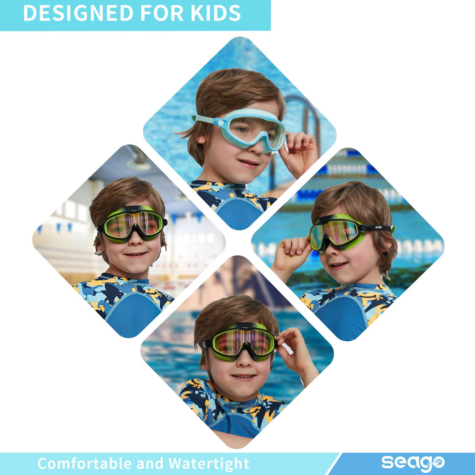 Seago Swim Goggles 2 Pack Anti-Fog Anti-Uv Wide View Uv Protection, Adjustable Swimming Goggles For Kids 3-15, Light Blue & Blac