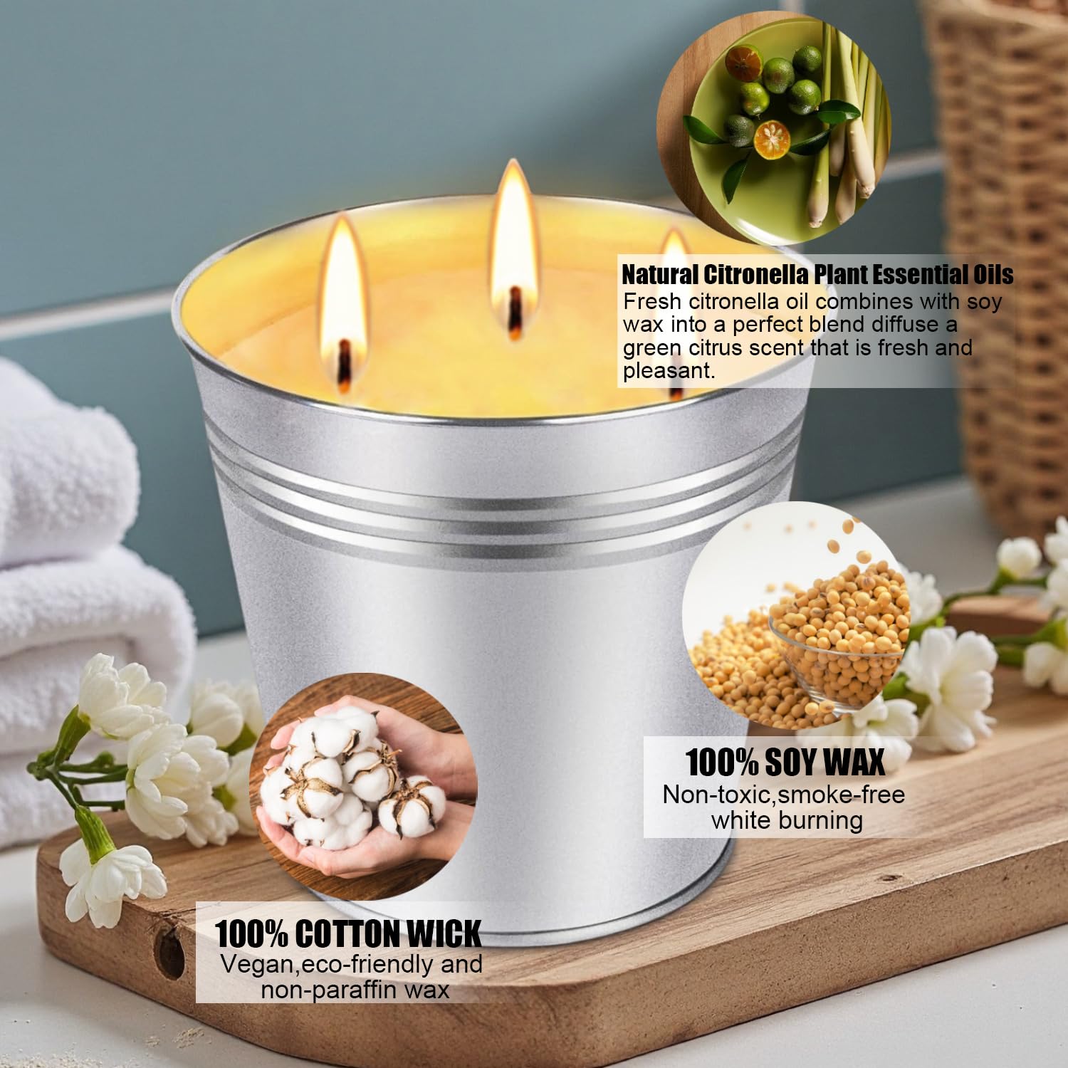 Citronella Candles Outdoor, 2Pack 17 Oz Large 3-Wick Soy Wax Candles, Up To 180-200 Hours Of Burning Time, Lemongrass Scent For