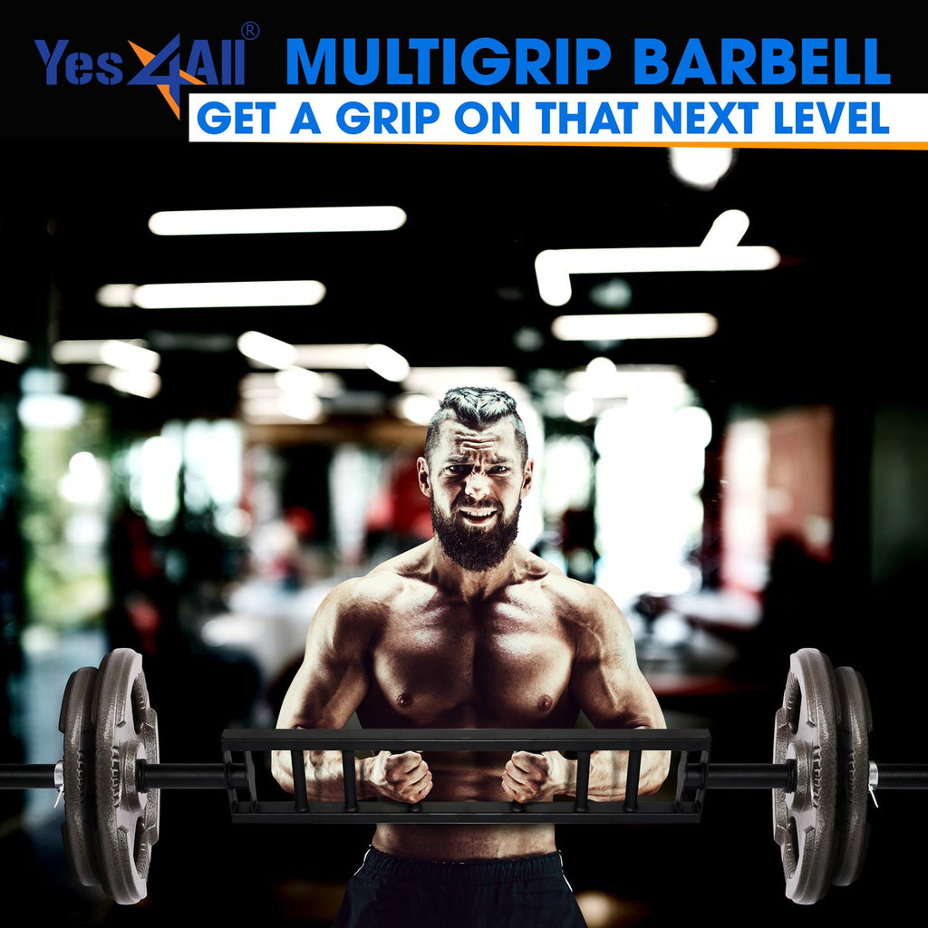 Yes4All Multi Grip Barbell - Swiss Bar, American Bar With 2 Collars, Fits Olympic Weight Plates - Commercial And Home Gym & Supp