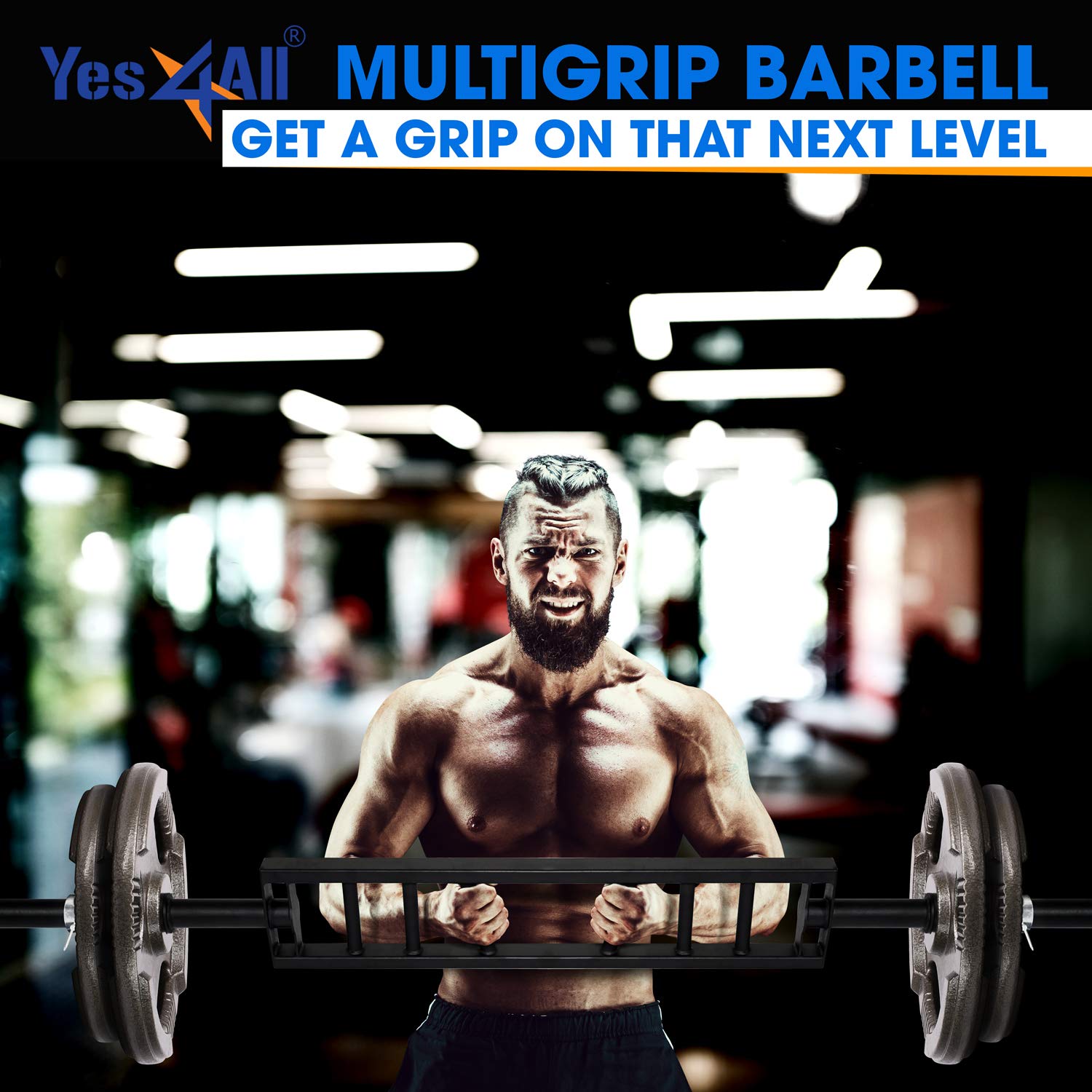 Yes4All Multi Grip Barbell - Swiss Bar, American Bar With 2 Collars, Fits Olympic Weight Plates - Commercial And Home Gym & Supp