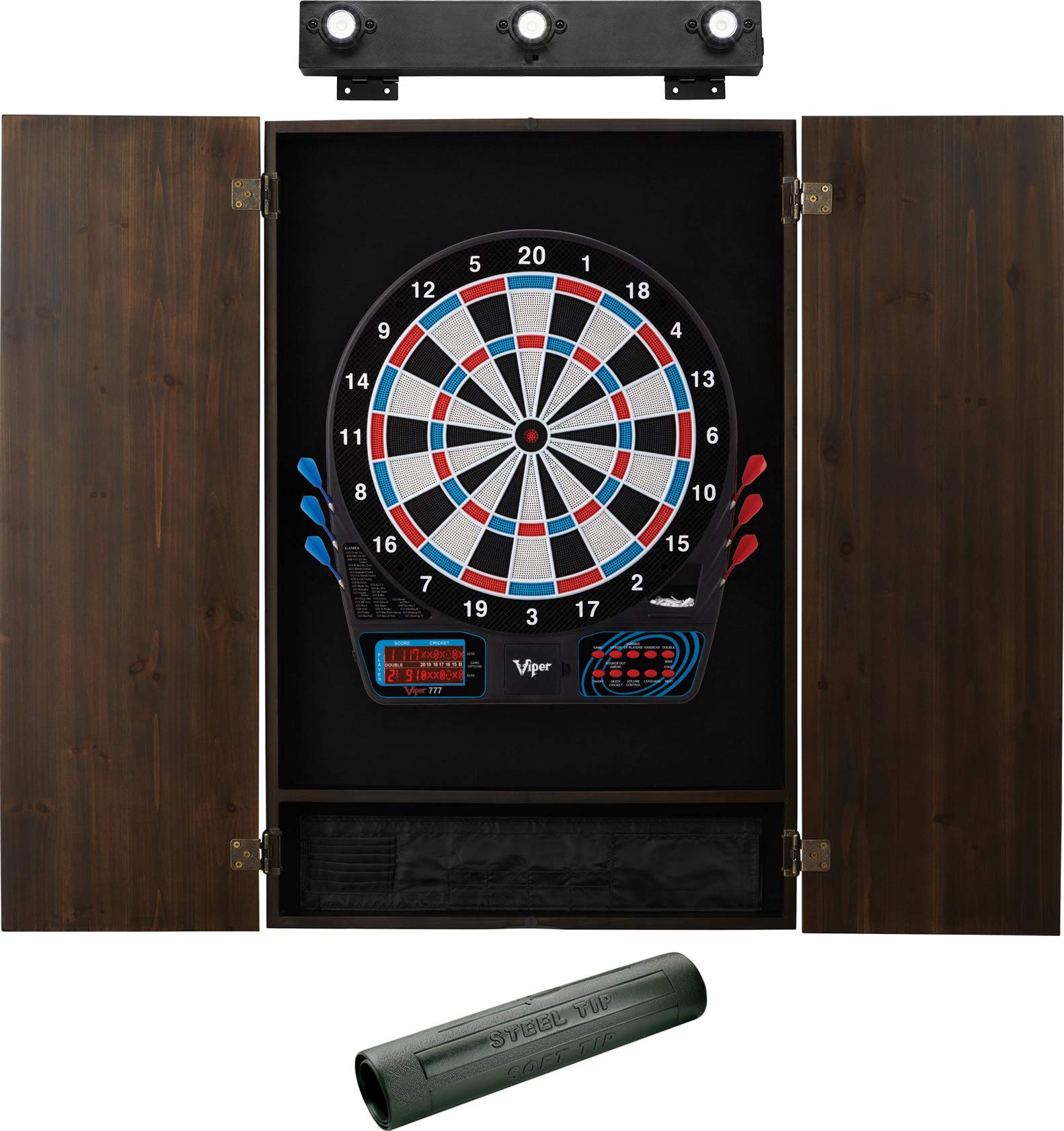 Viper By Gld Products 777 Electronic Dartboard, Metropolitan Espresso Cabinet, Dart Mat & Shadow Buster Dartboard Light Bundle