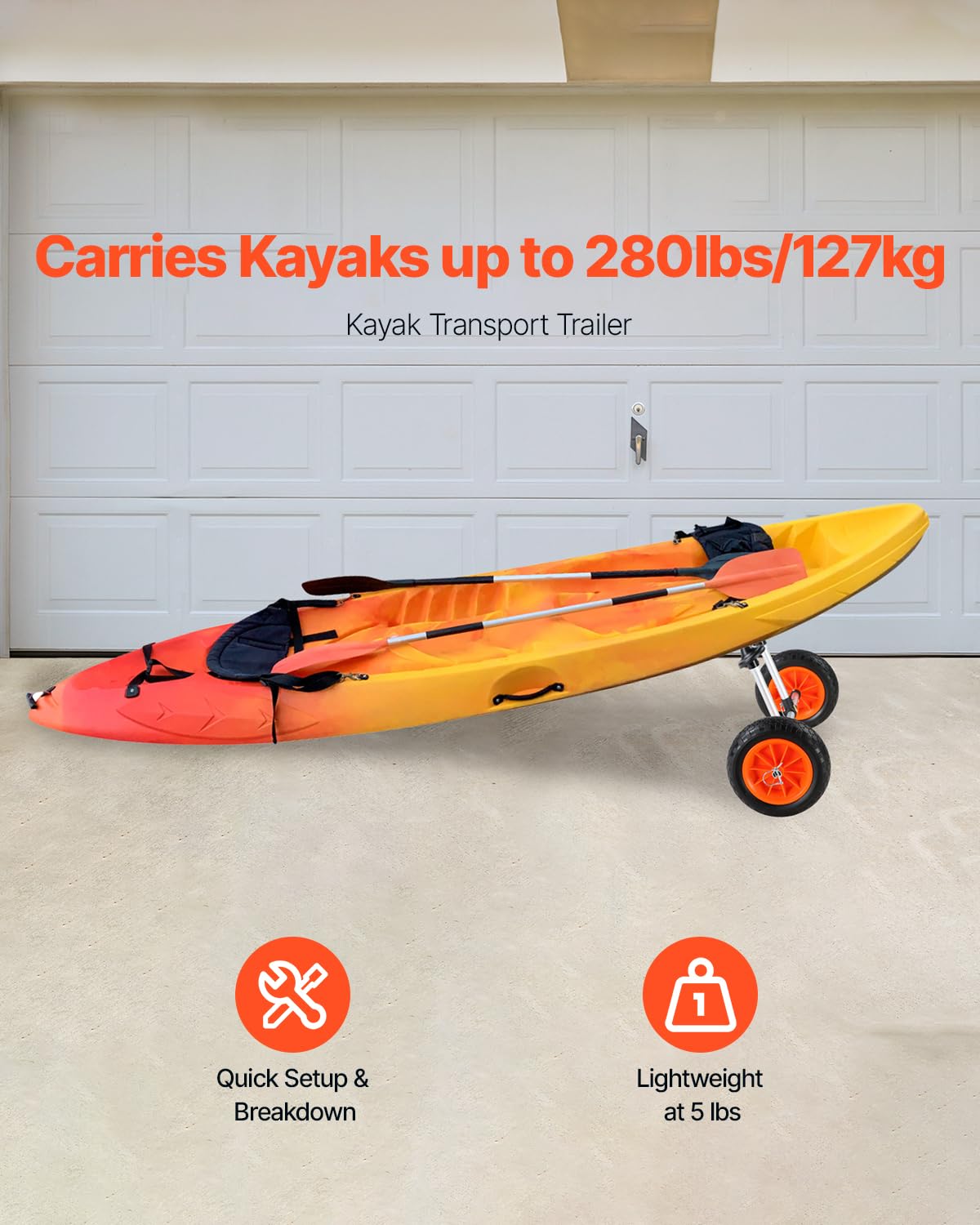 Vevor Kayak Cart, 280Lbs Load Capacity With 10 Inch Solid Tires, Heavy Duty Detachable Canoe Trolley Cart With Adjustable Width