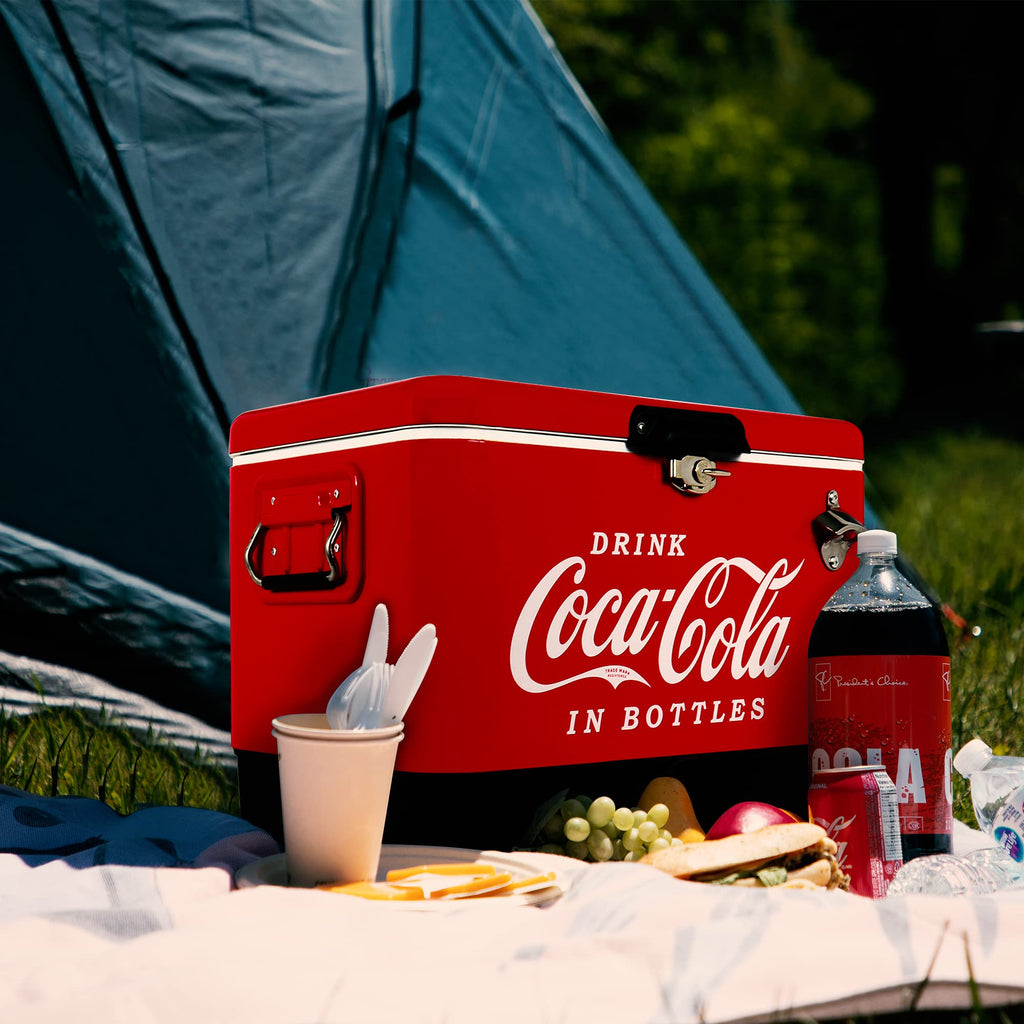 Coca-Cola Ice Chest Beverage Cooler With Bottle Opener, 51L (54 Qt), 85 Can Capacity Portable Cooler, Red And Black, For Camping