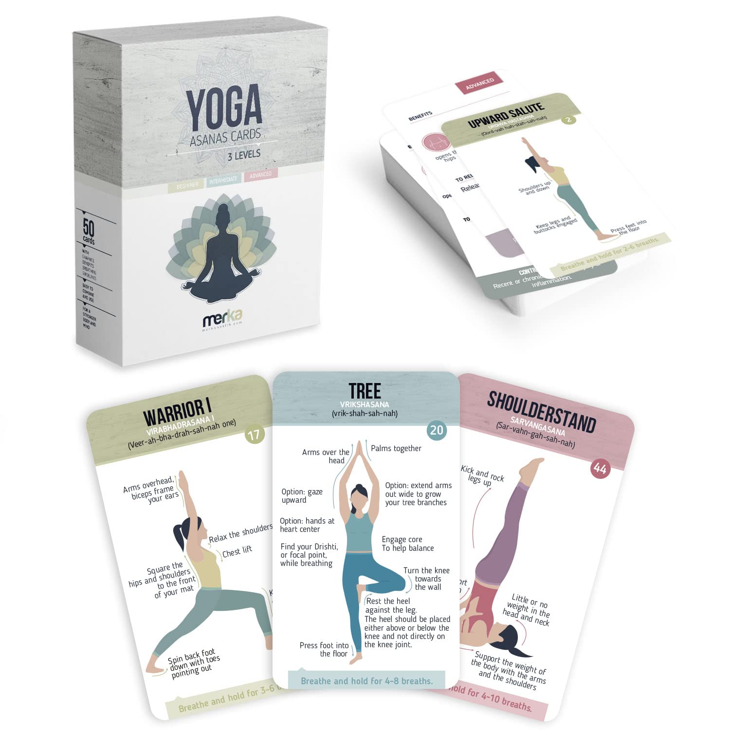Merka Yoga Pose Flashcards: Your Ultimate Yoga Accessories For Beginners To Masters, Deck Of 50 Yoga Cards For Men, Women, And C