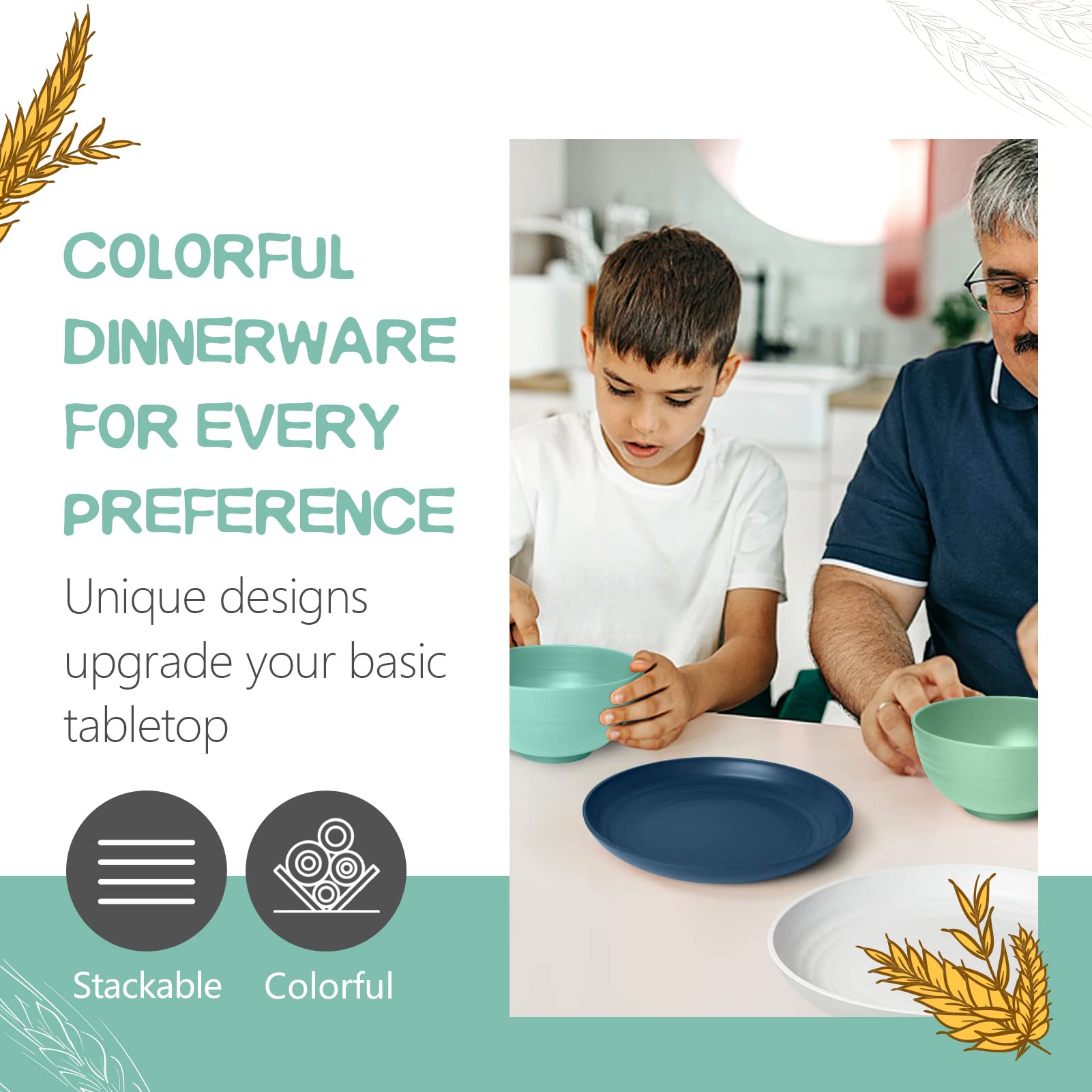 Teivio 32-Piece With Flatware Kitchen Plastic Wheat Straw Dinnerware Set, Service For 8, Dinner Plates, Dessert Plate, Cereal Bo