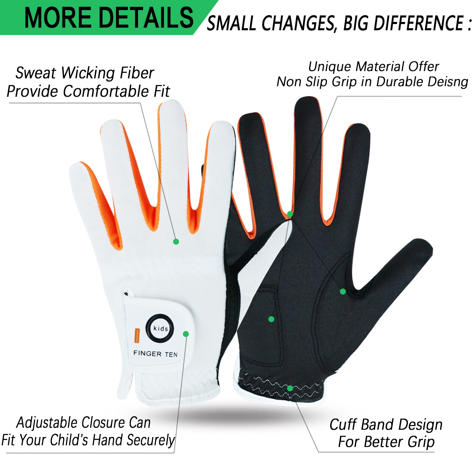 Finger Ten Junior Kids Dura Feel White Blue Red Yellow Golf Gloves Extra Value 2 Pack (Large White, Left)
