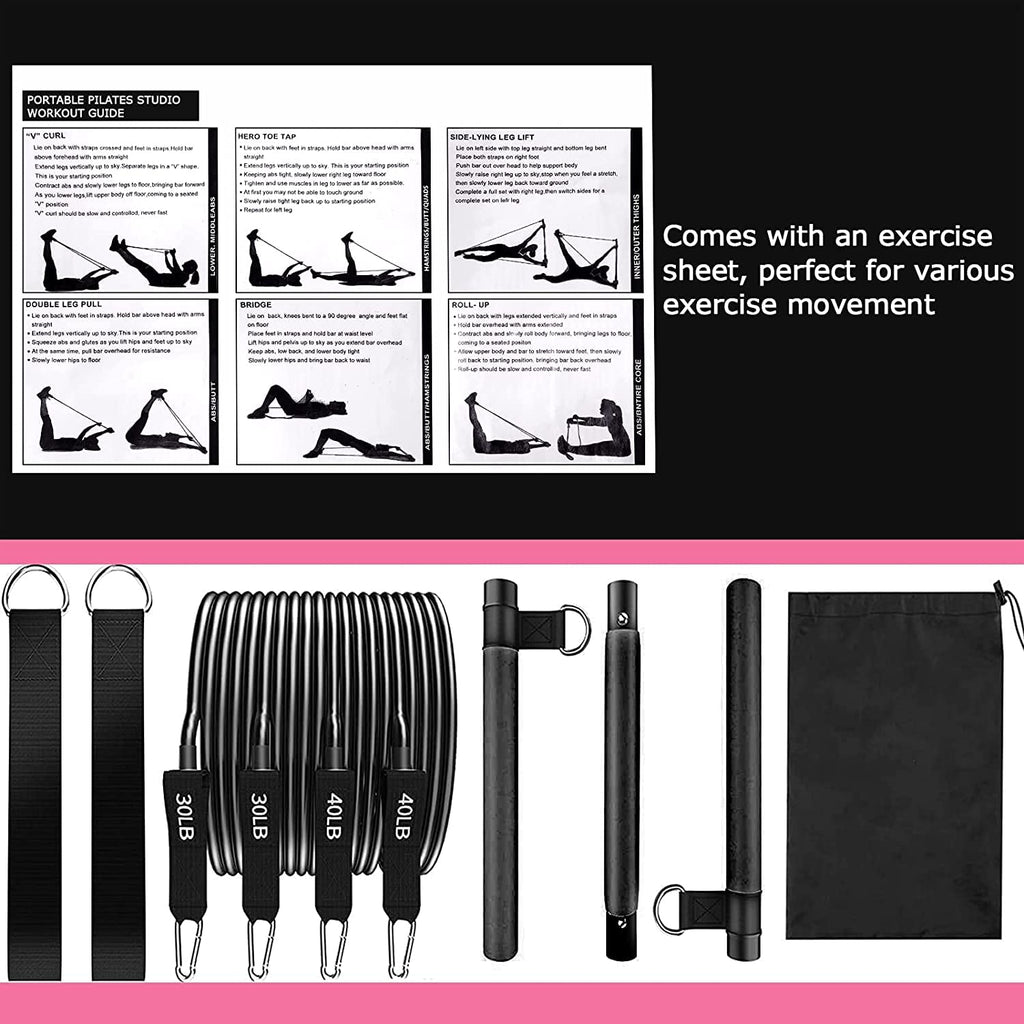 Pilates Bar Kit with Resistance Bands(4 x Bands),3-Section Pilates Flexbands Kit Workout Equipment for Legs,Hip,Waist and Arm,Fi