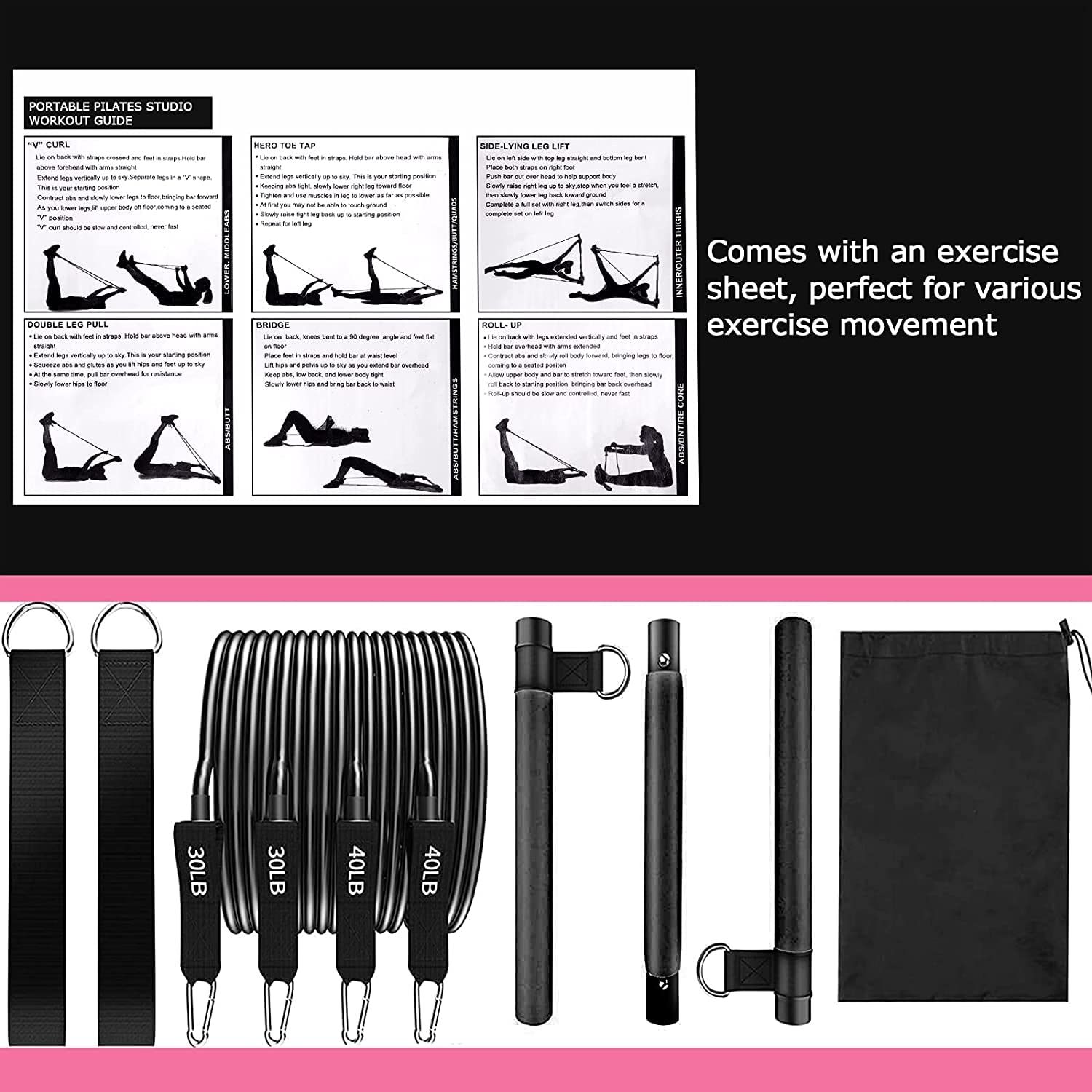 Pilates Bar Kit with Resistance Bands(4 x Bands),3-Section Pilates Flexbands Kit Workout Equipment for Legs,Hip,Waist and Arm,Fi
