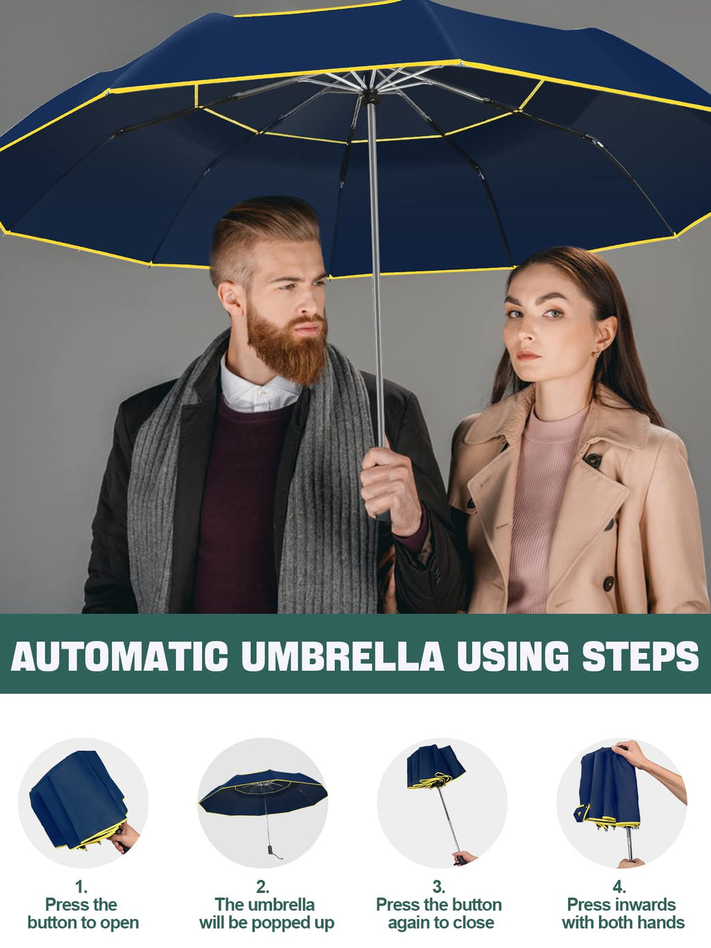 Kalolary 62 Inch Automatic Golf Umbrella Extra Large Folding Umbrella Windproof Compact Umbrella Double Canopy Umbrella Travel F