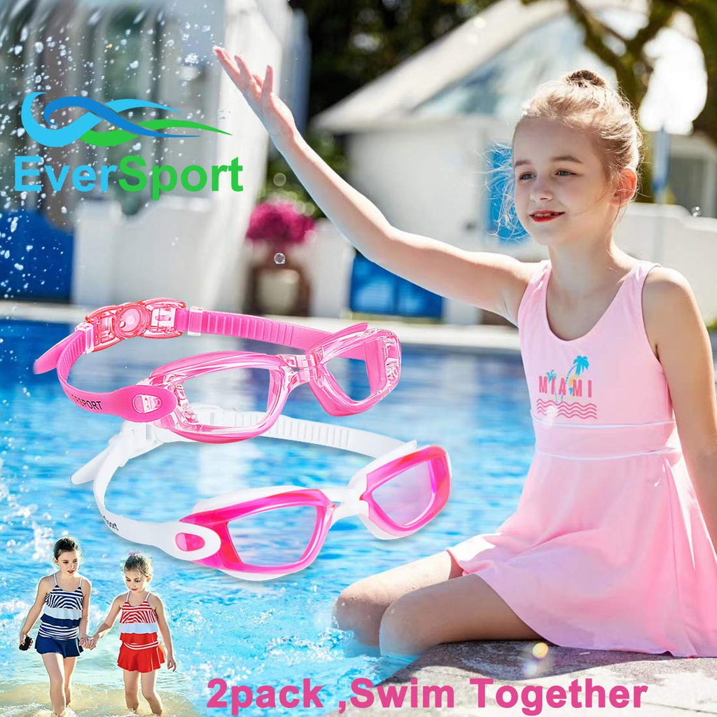 Eversport Kids Swim Goggles, Pack Of 2 Swimming Goggles For Children Teens, Anti-Fog Anti-Uv Youth Swim Glasses Leak Proof For A