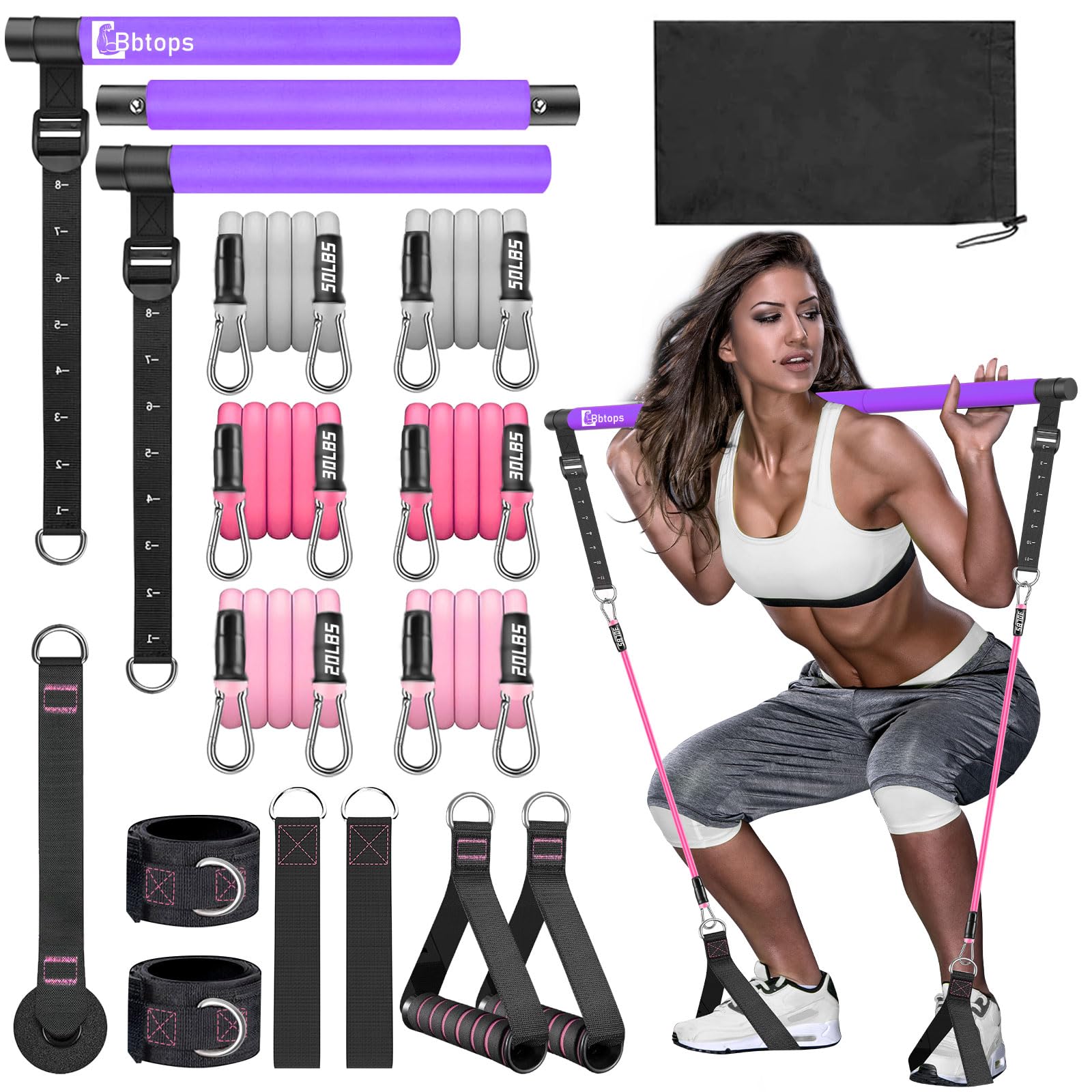 Pilates Bar Kit with Resistance Bands, Upgraded 3-Section with Stackable Bands Workout Equipment for Legs,Hip,Waist and Arm Full