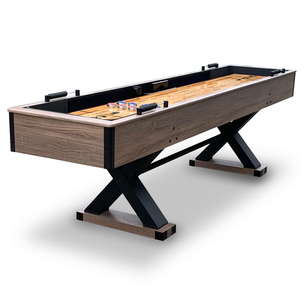 Hathaway Excalibur 9-Ft Shuffleboard Table For Great For Family Recreation Game Rooms, Designed With A Rustic Driftwood Finish W