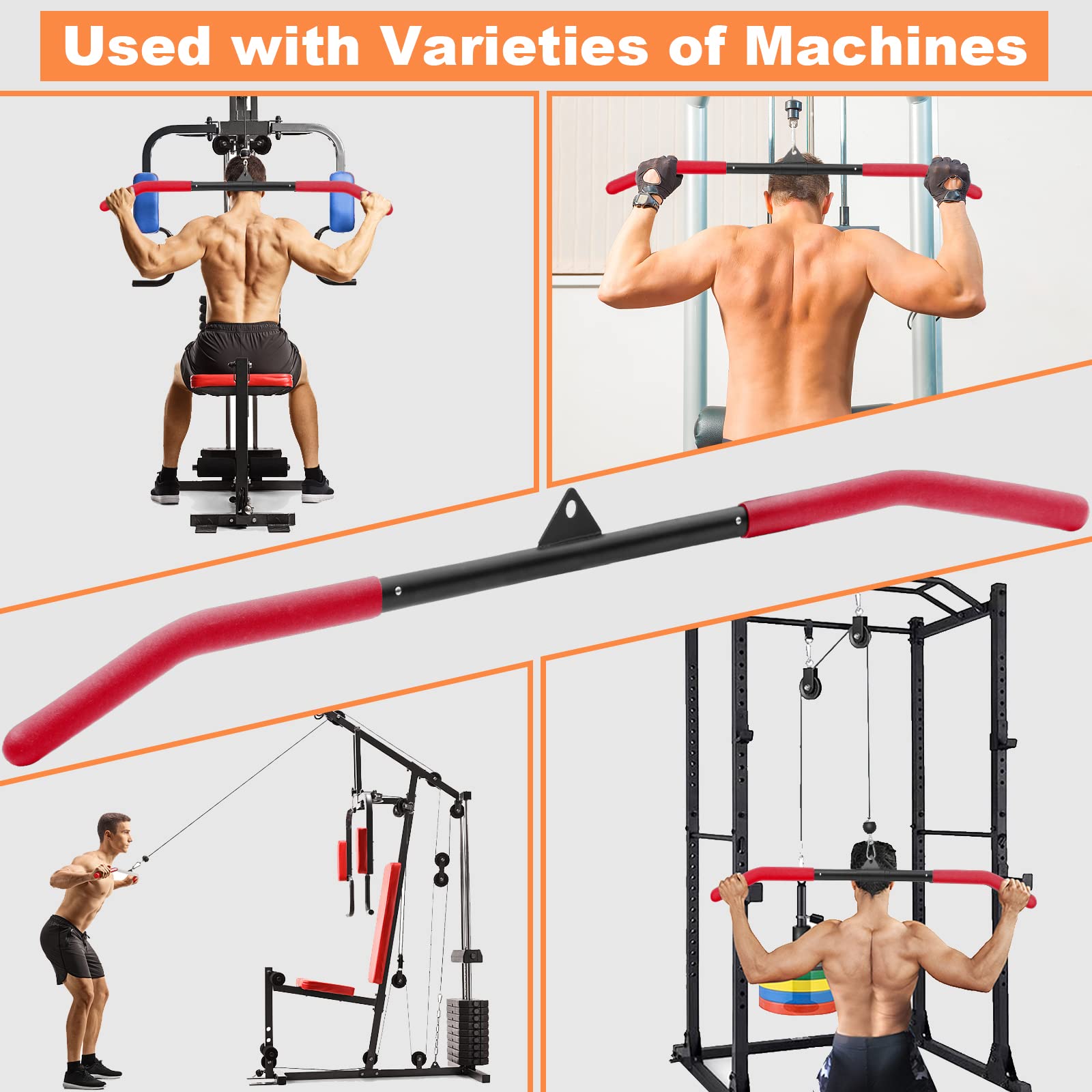 Sertt 39.37 Inch Lat Pull Down Bar Attachment For Pulley Cable Machine, Curl Tricep Press Down Bar With Rubber Handle, Lat Pulld