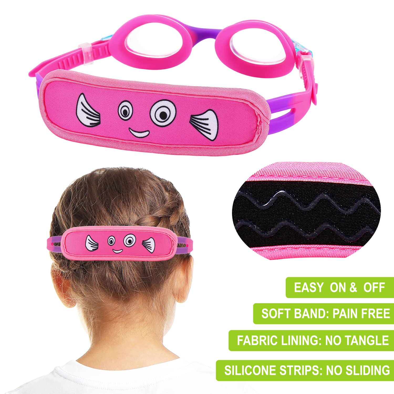 RUIGAO Kids Swim Goggles Age 2-6, Toddler Goggles No Hair Pull,UV Protection/Anti Fog/Padded HeadBand (1PK Kids -Pink Fish)