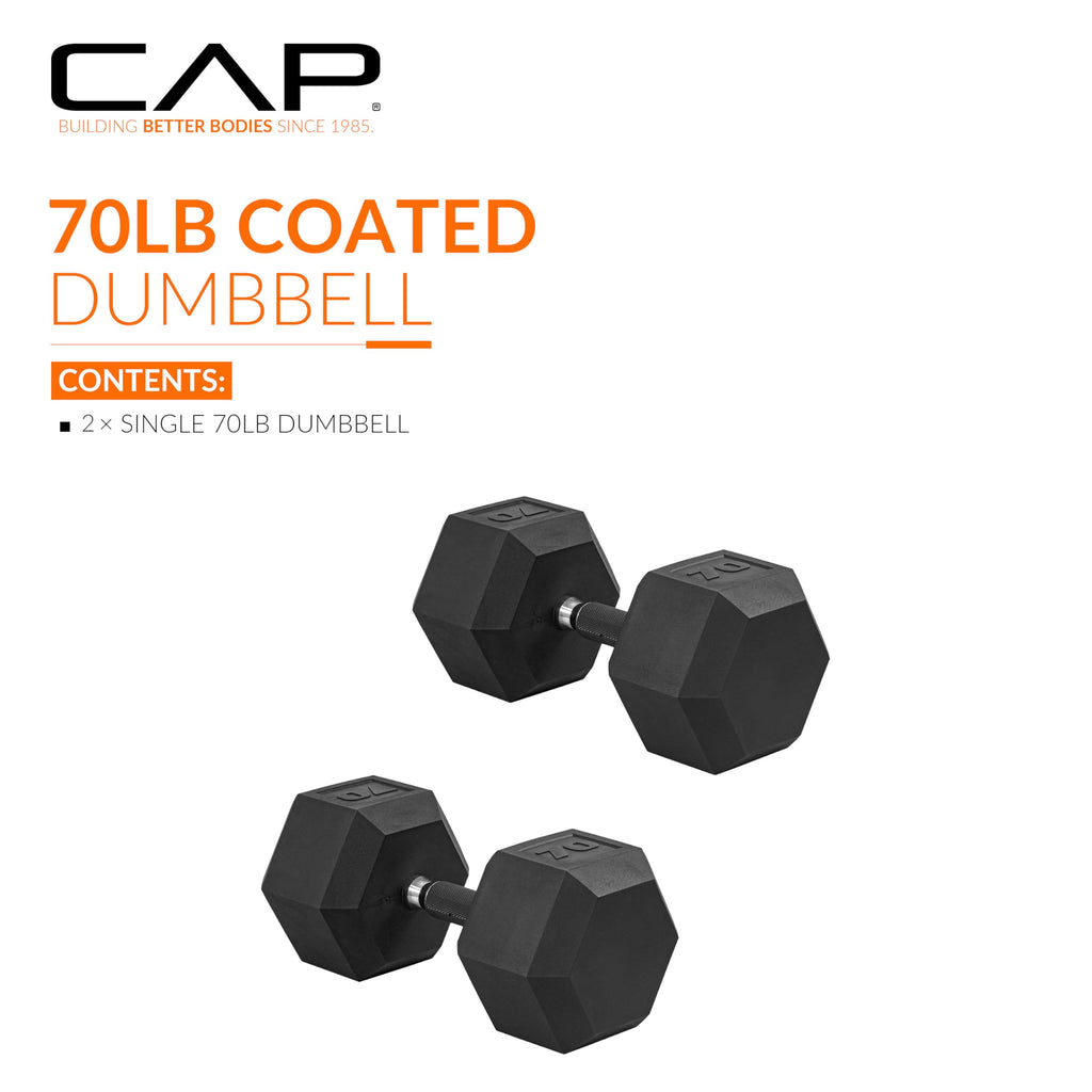 CAP Barbell 70 LB Rubber Coated Hex Dumbbell Hand Weight with Padded Grip - Pair | Comfort Grip