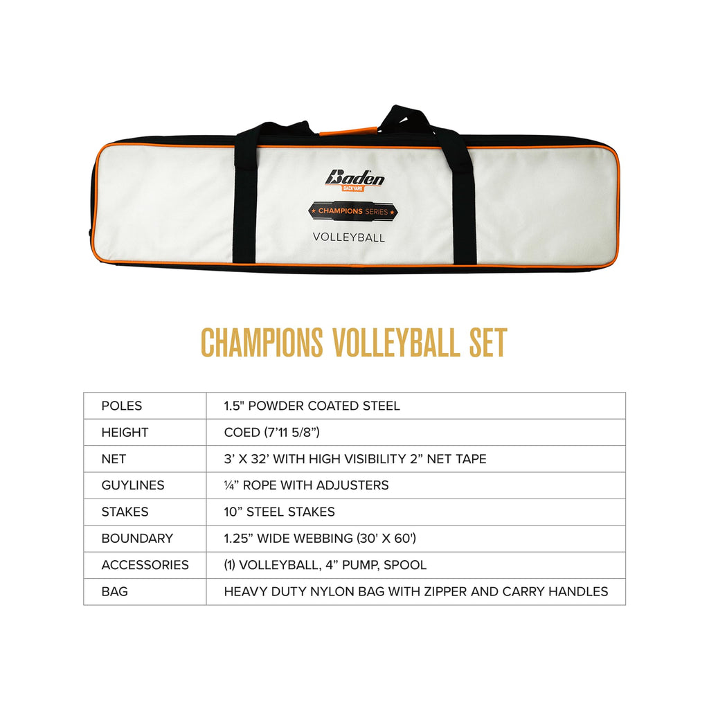 Baden Champions Volleyball Net Set Volleyball Bag, Adjustable Poles, Volleyball Ball & Pump, & Boundary Lines Portable Volleybal