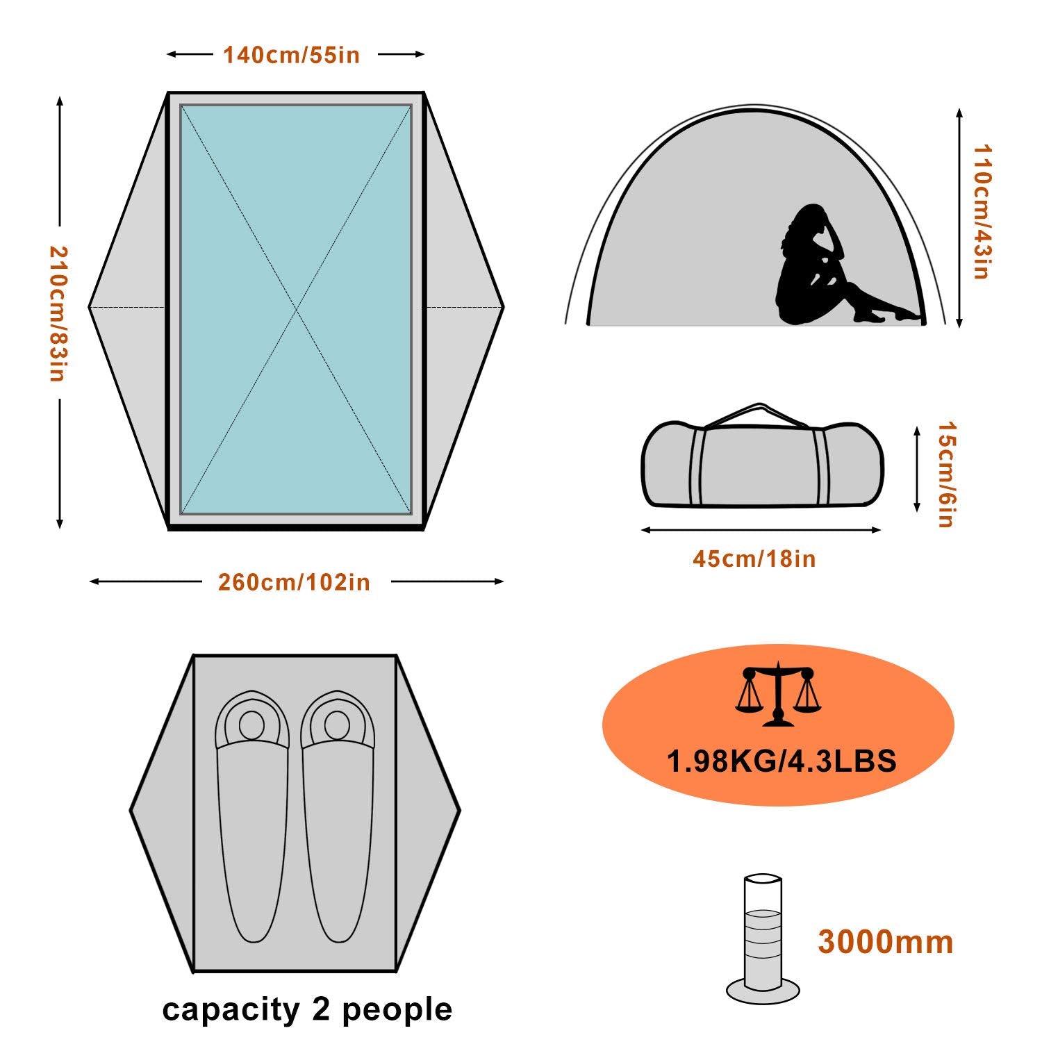 Bisinna 2 Person Camping Tent Lightweight Backpacking Tent Waterproof Windproof Two Doors Easy Setup Free Standing Double Layer