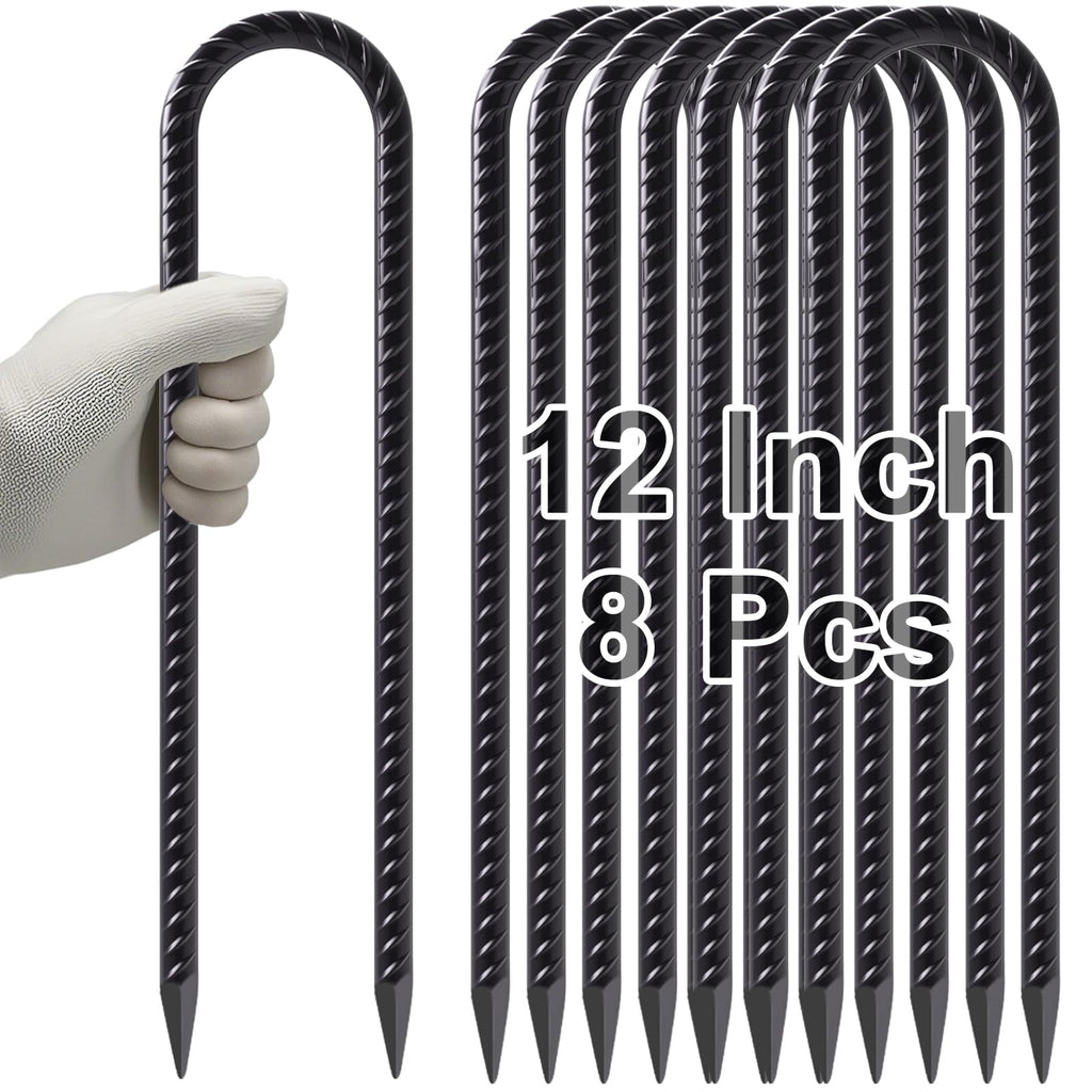 Windstake 12 Inch U Shape Rebar Stakes, 8Pcs Black Rebar Hook, Heavy Duty Trampoline Wind Anchors Stakes For Camping Tents, Socc