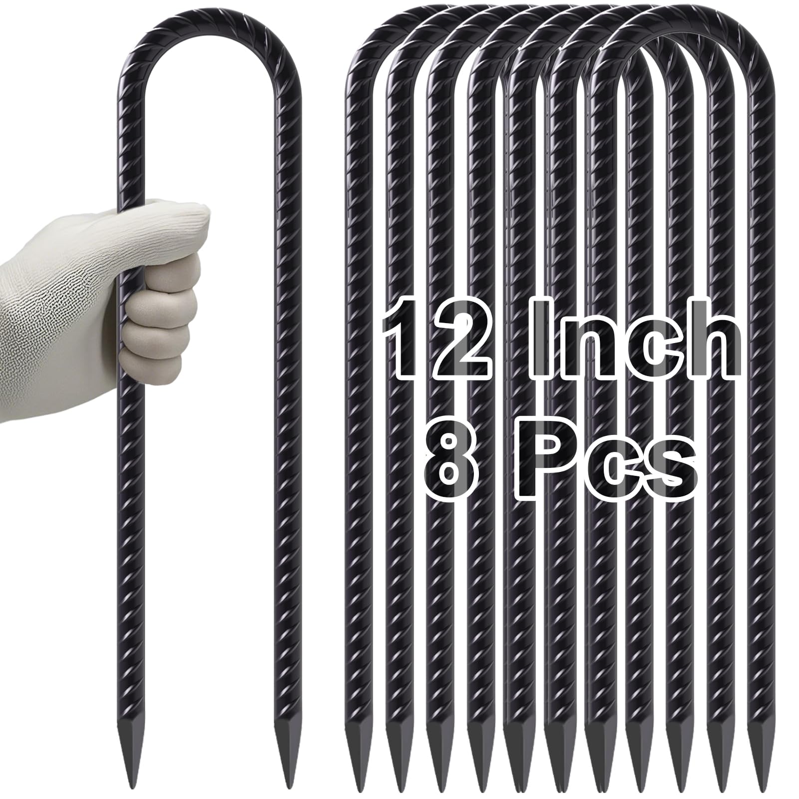 Windstake 12 Inch U Shape Rebar Stakes, 8Pcs Black Rebar Hook, Heavy Duty Trampoline Wind Anchors Stakes For Camping Tents, Socc