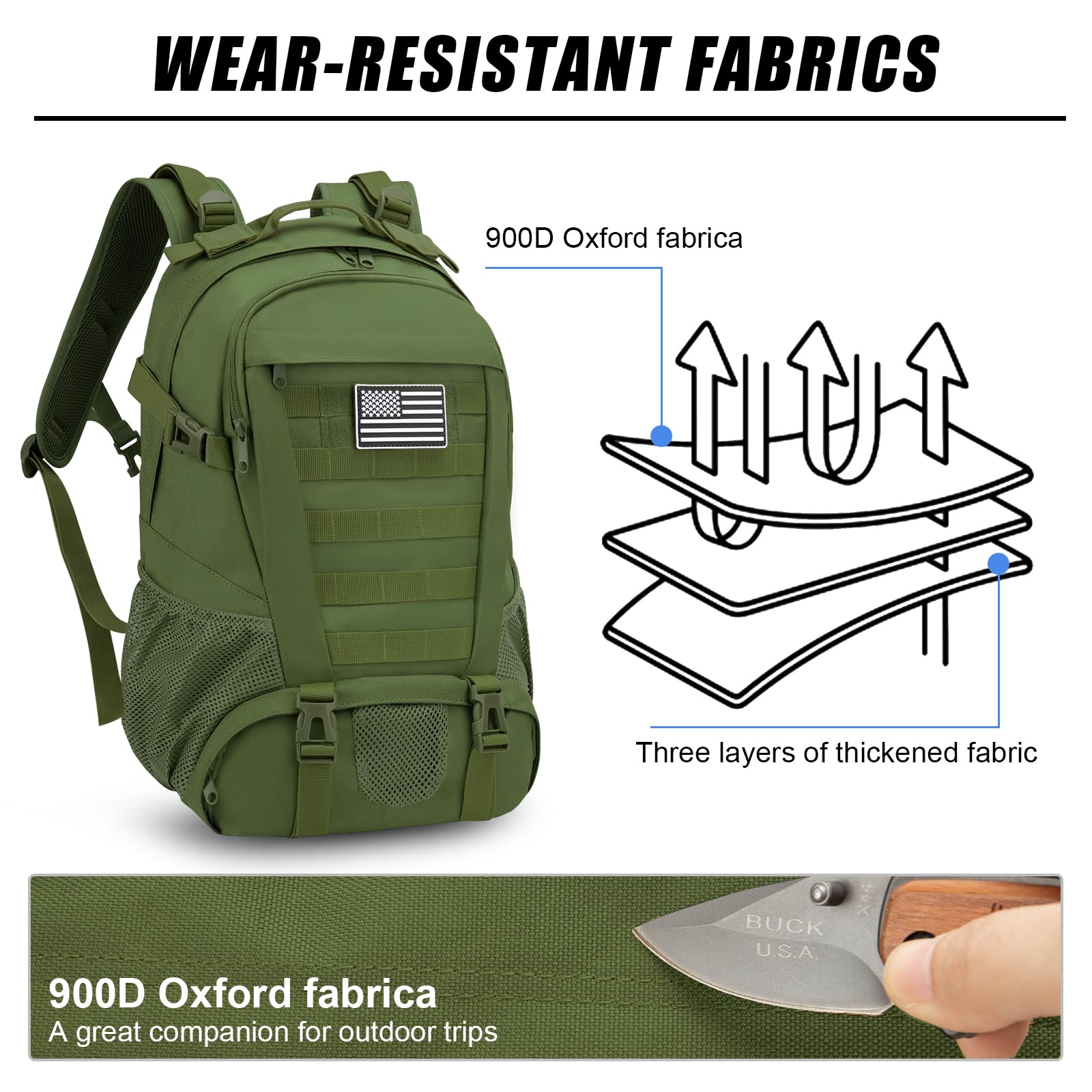 Jueachy Tactical Backpack For Men Hiking Day Pack Molle Military Rucksack Waterproof 30L Edc Bag With Usa Flag Patch Green