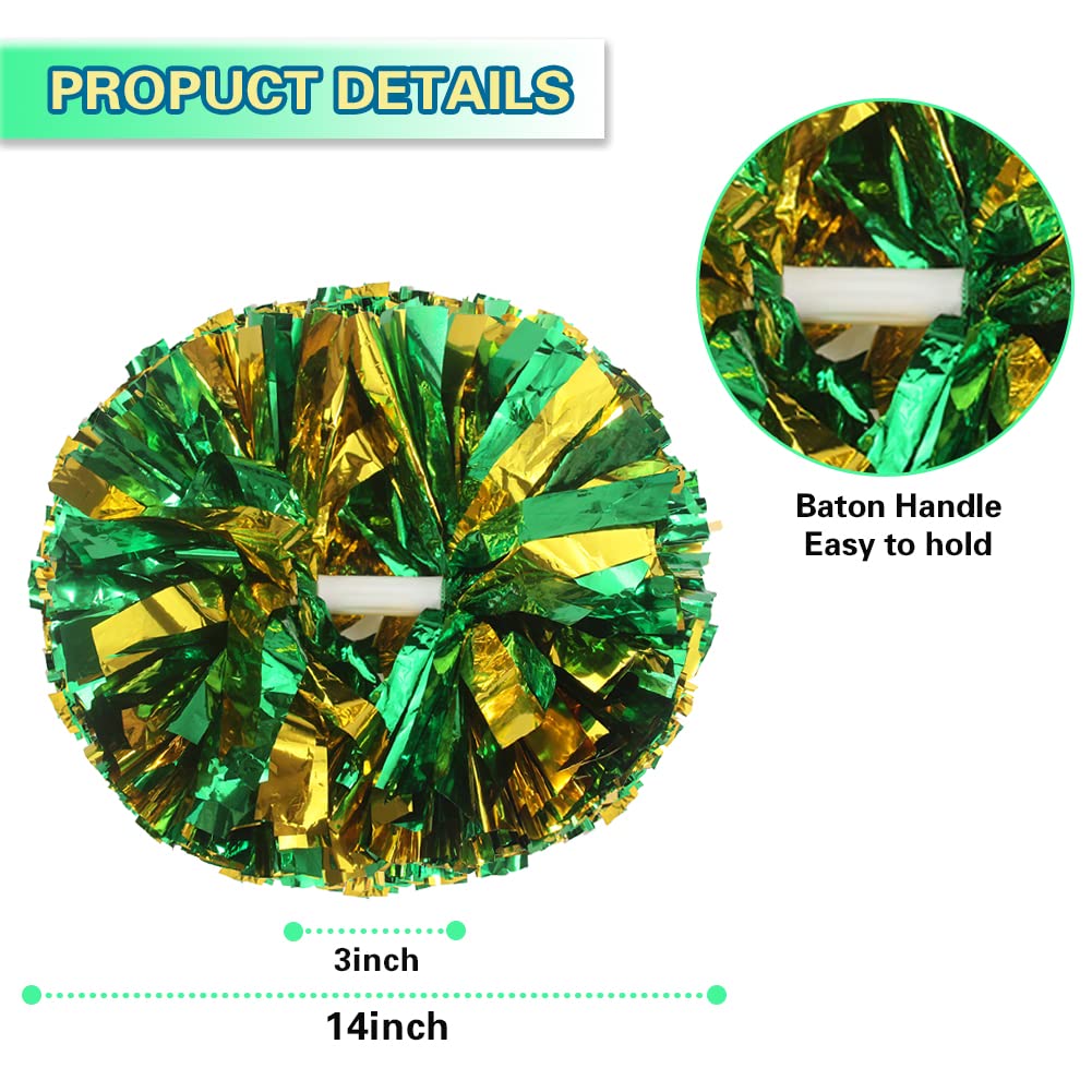 Lovecheer 2Pcs Pom Poms Cheerleading Green And Gold Metallic Cheer Pom Poms With Baton Handle For Sports Team Spirit Party Cheer