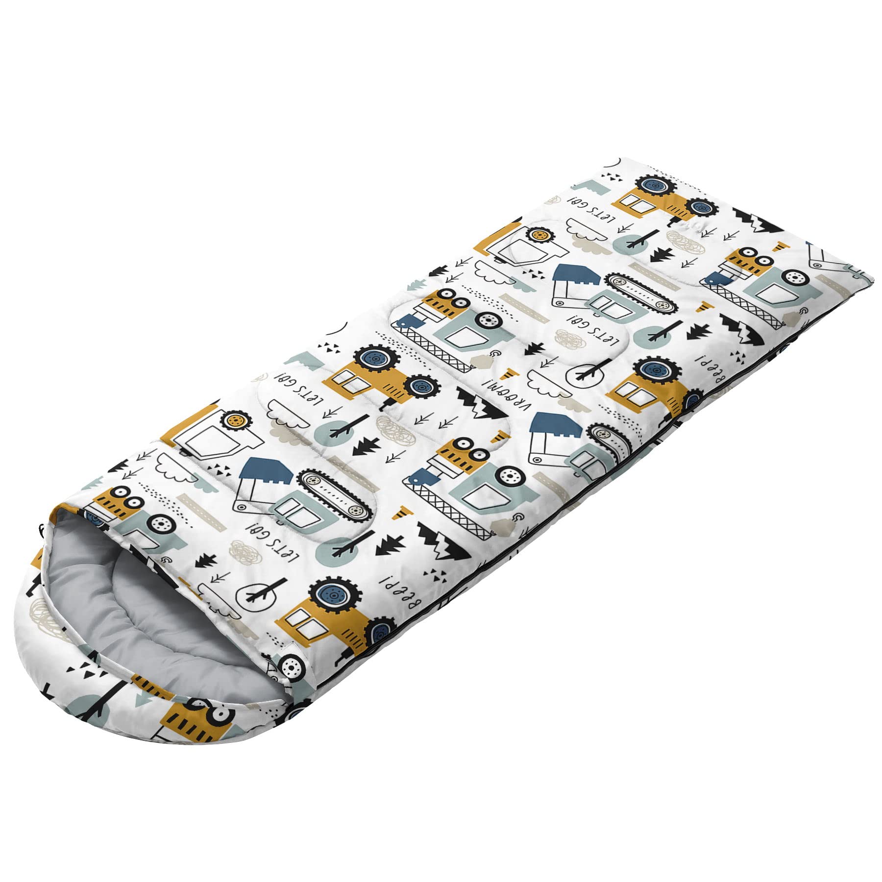 Datura Home Kids Sleeping Bag For Boys Girls,Construction Truck Print-Lightweight Warm Portable Outdoor Indoor-Waterproof Cold W
