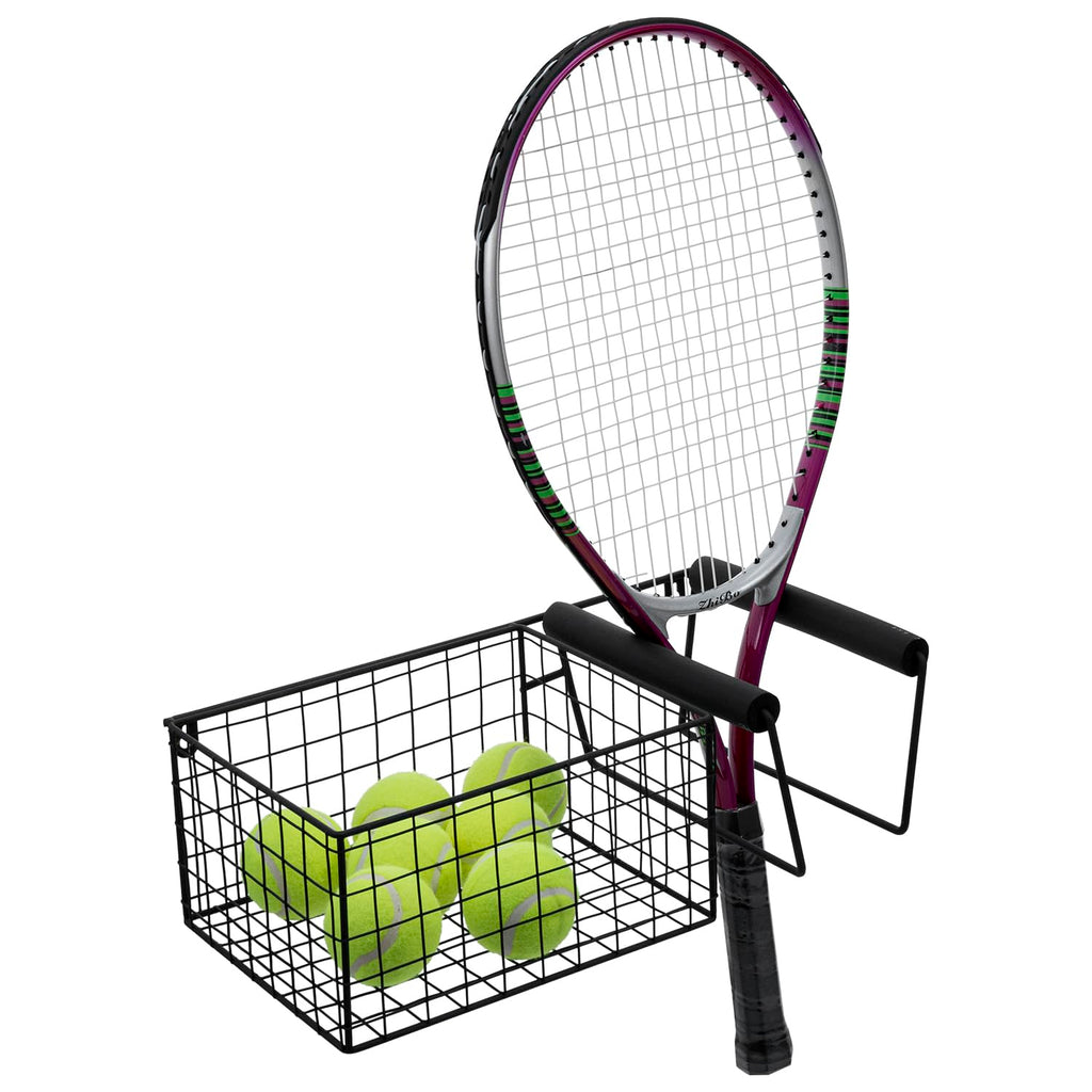 Mygift Hanging Metal Tennis Racquet And Tennis Ball Storage Basket Rack, Wall Mounted Racket Holder