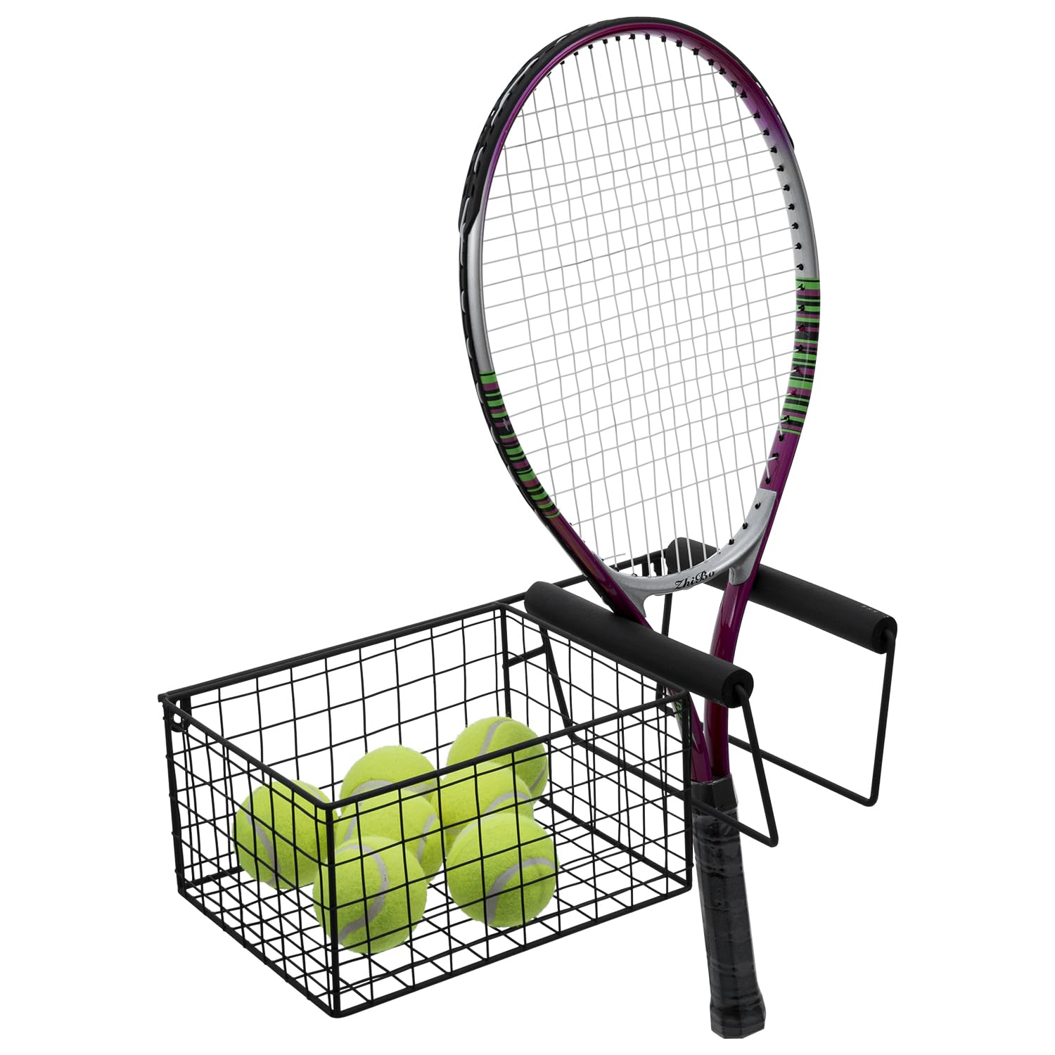 Mygift Hanging Metal Tennis Racquet And Tennis Ball Storage Basket Rack, Wall Mounted Racket Holder