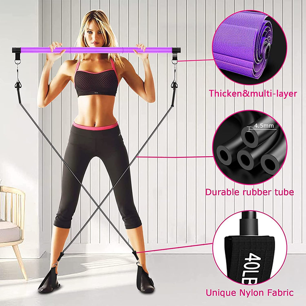 Pilates Bar Kit With 4 X Resistance Bands,3-Section Pilates Bar With Stackable Bands Workout Equipment For Legs,Hip,Waist And Ar